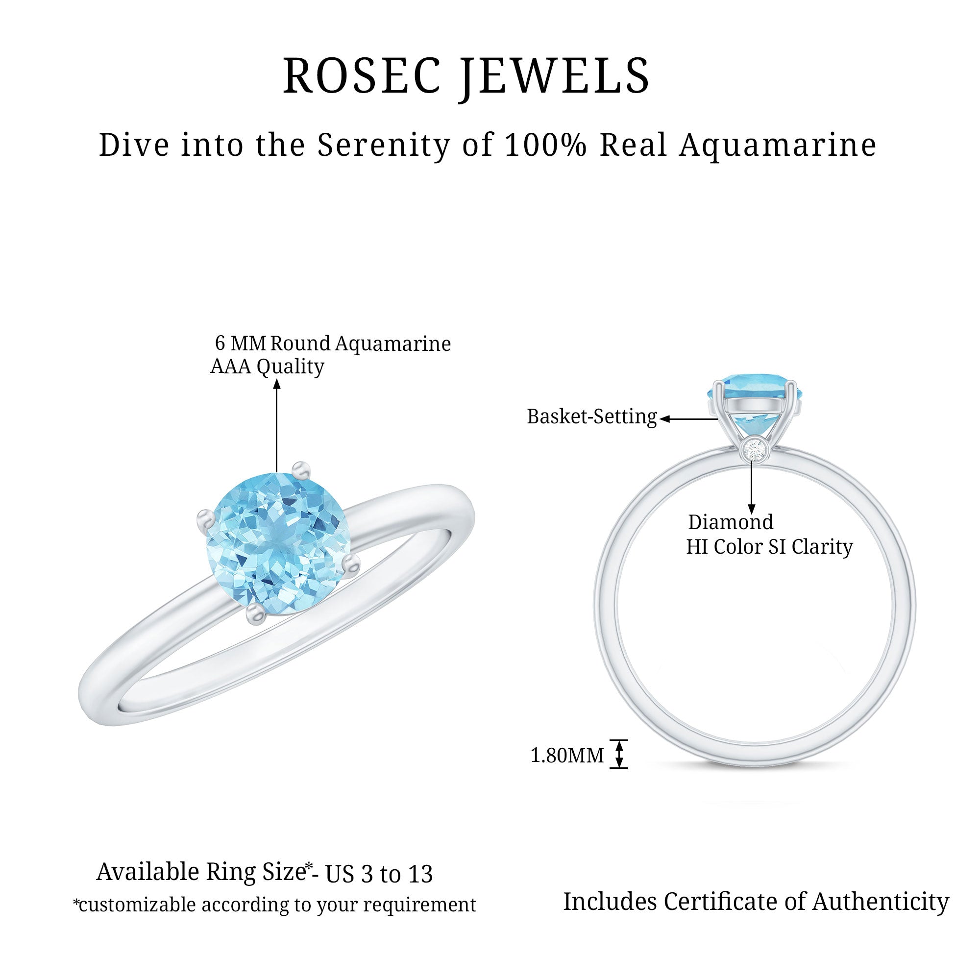 Aquamarine Promise Ring – Natural Blue Gemstone With Hidden Diamond Detail