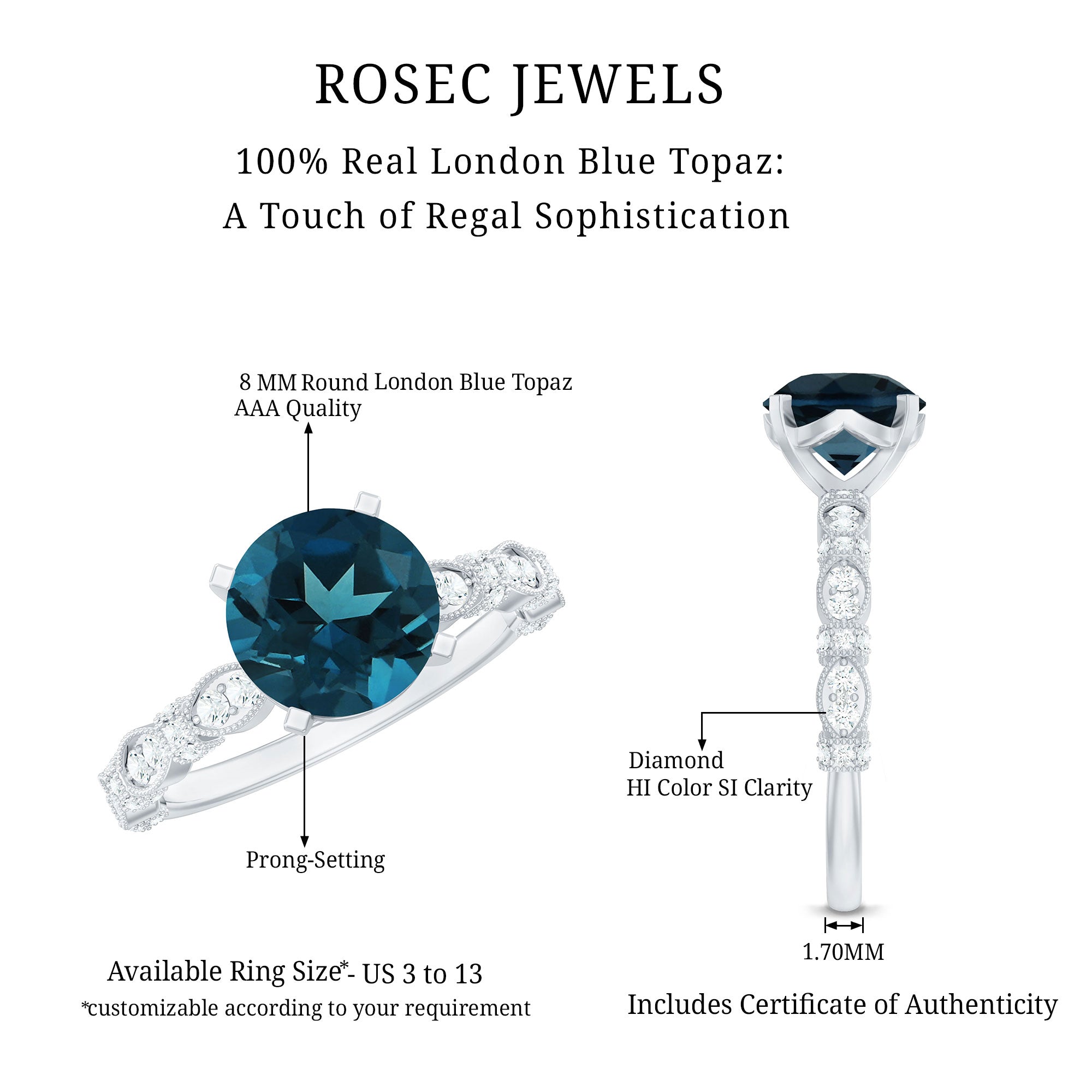 2 Carat London Blue Topaz Solitaire Engagement Ring with Diamonds