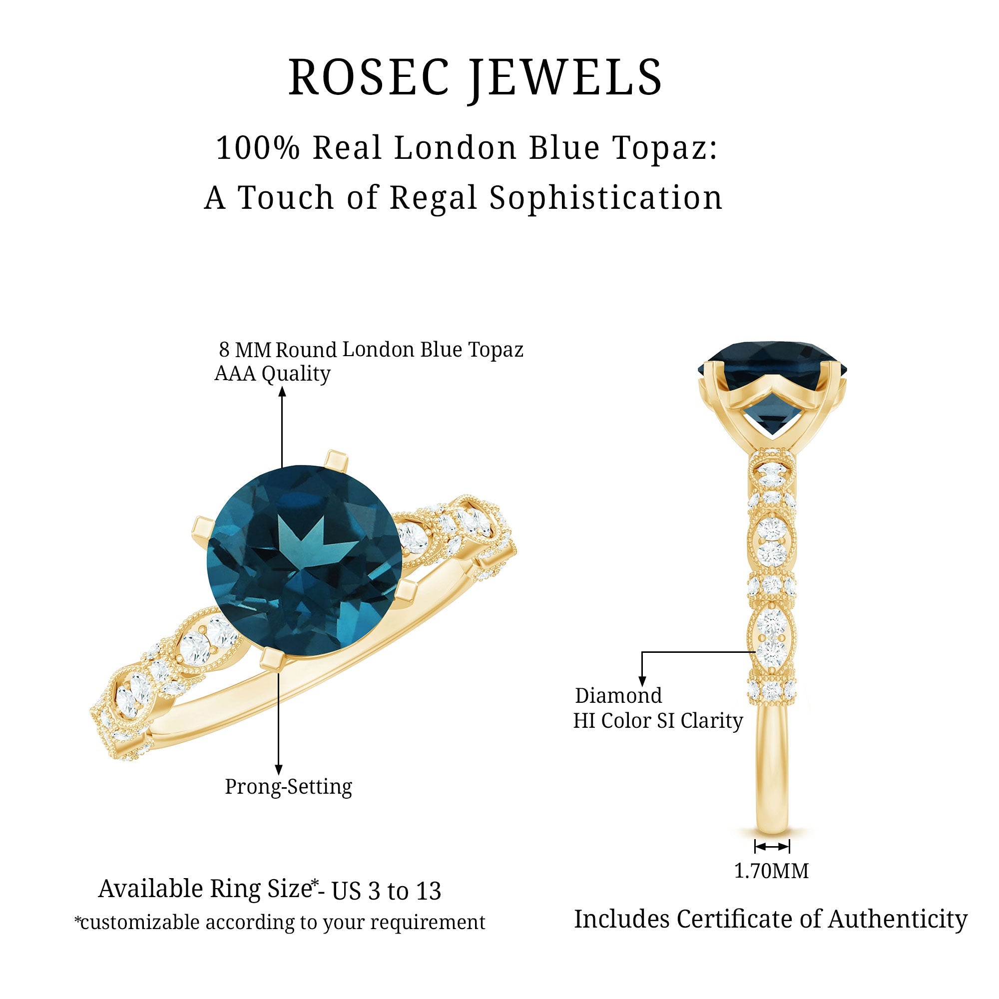 2 Carat London Blue Topaz Solitaire Engagement Ring with Diamonds