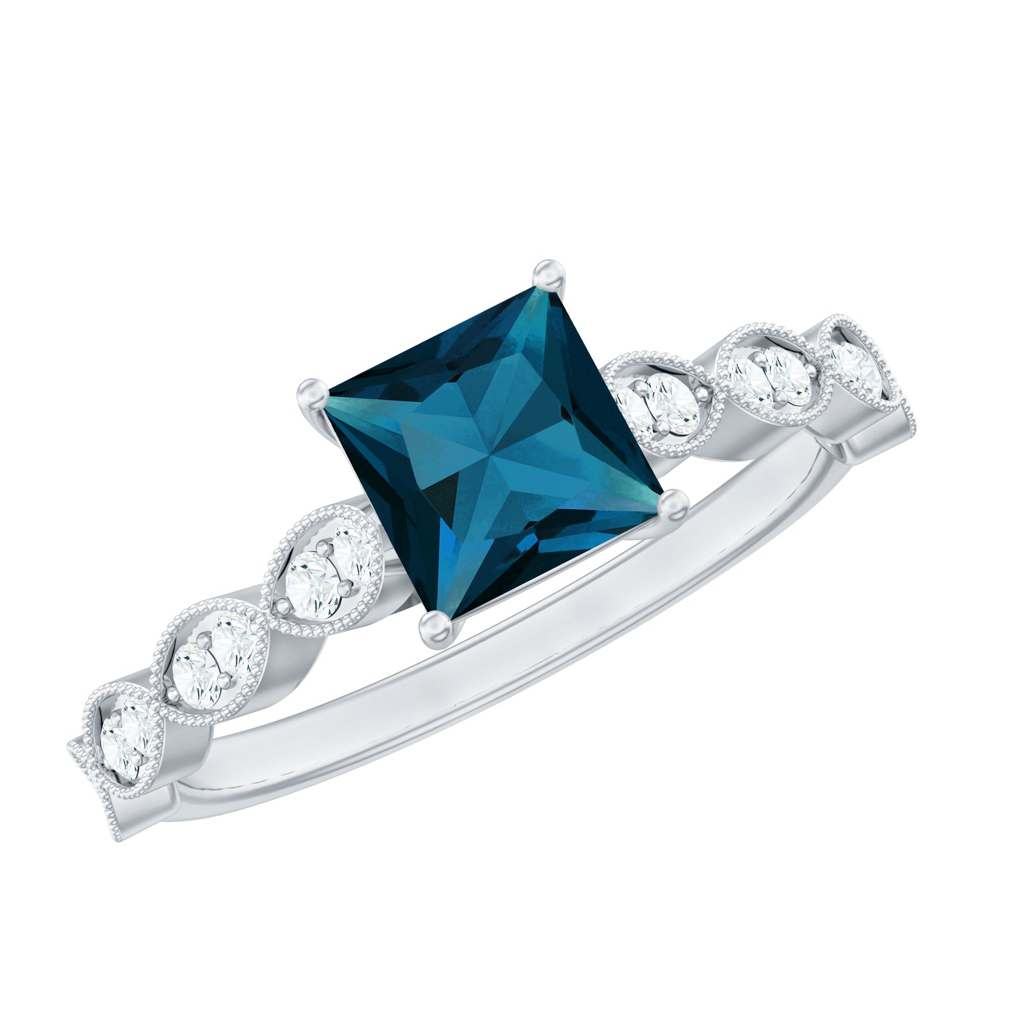 1 Carat Princess Cut London Blue Topaz Solitaire Ring with Diamond