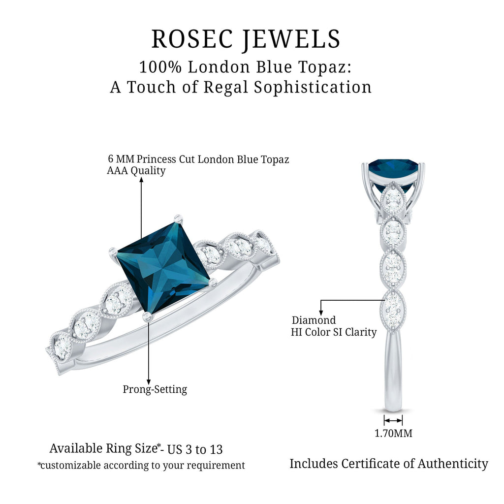 1 Carat Princess Cut London Blue Topaz Solitaire Ring with Diamond