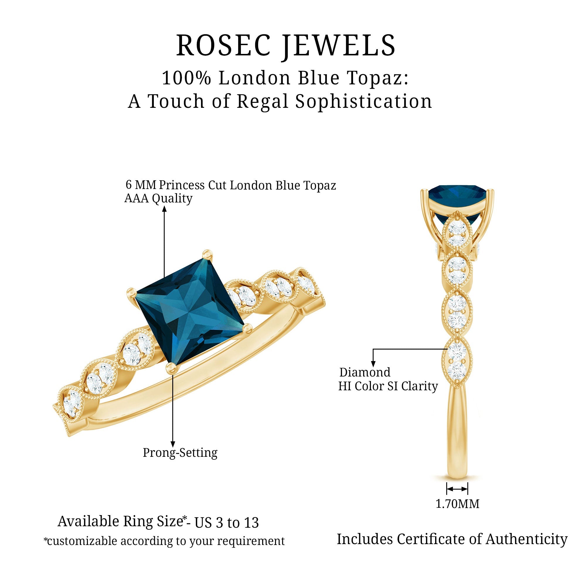 1 Carat Princess Cut London Blue Topaz Solitaire Ring with Diamond
