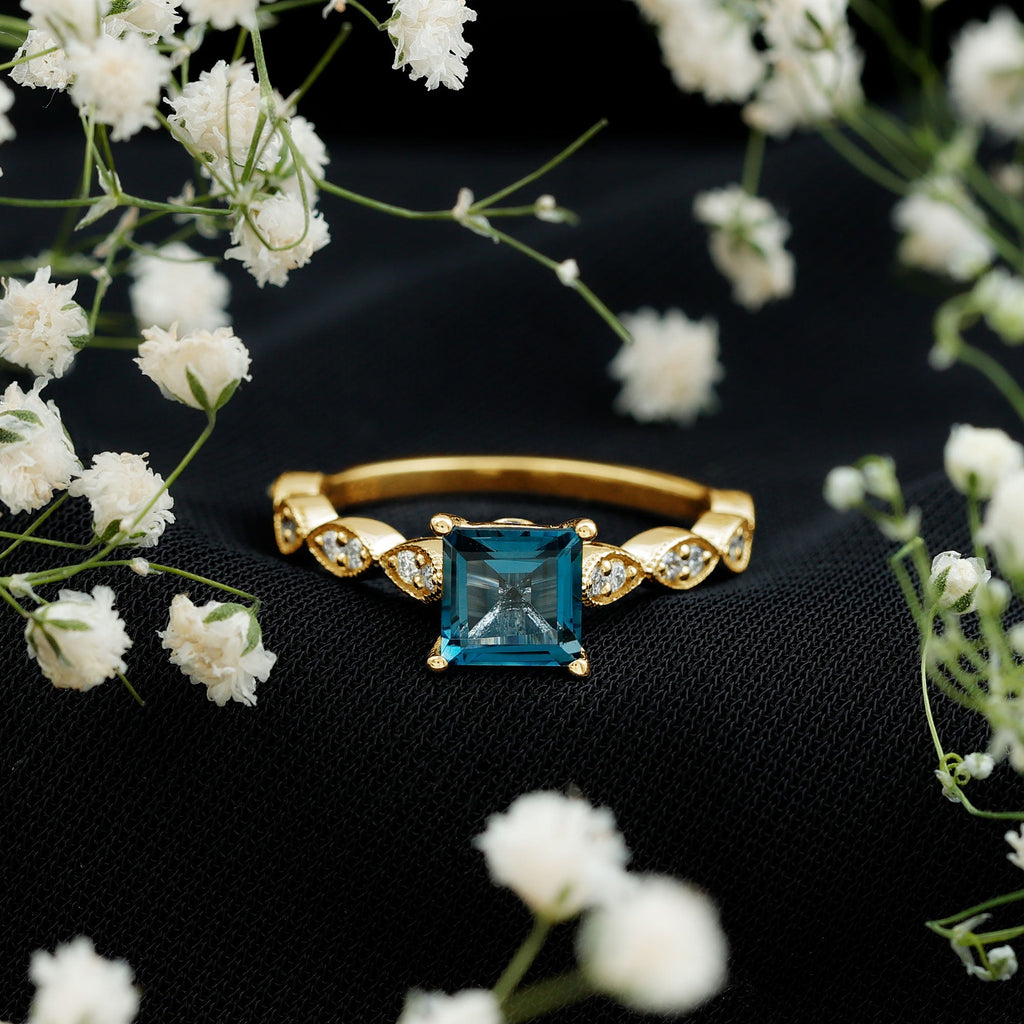 1 Carat Princess Cut London Blue Topaz Solitaire Ring with Diamond