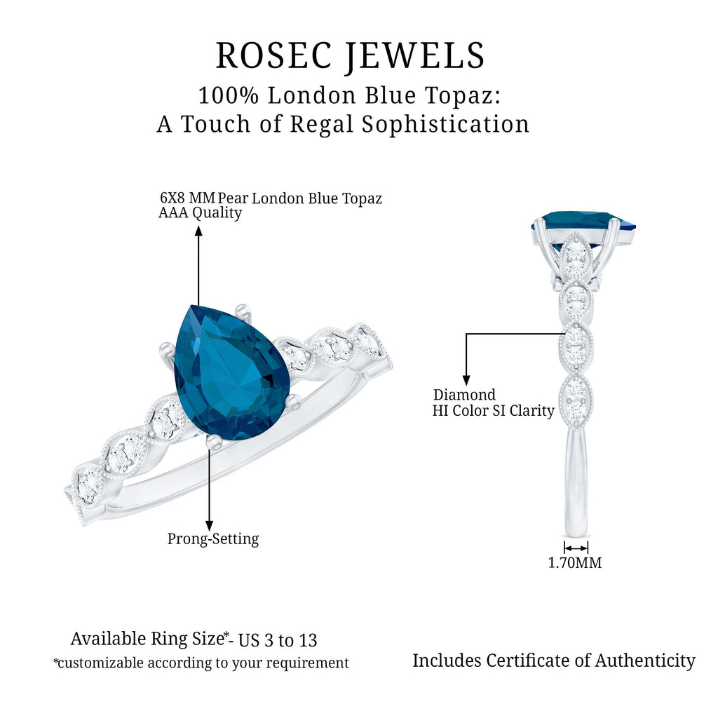 1 Carat Pear Shaped London Blue Topaz Teardrop Engagement Ring with Diamond