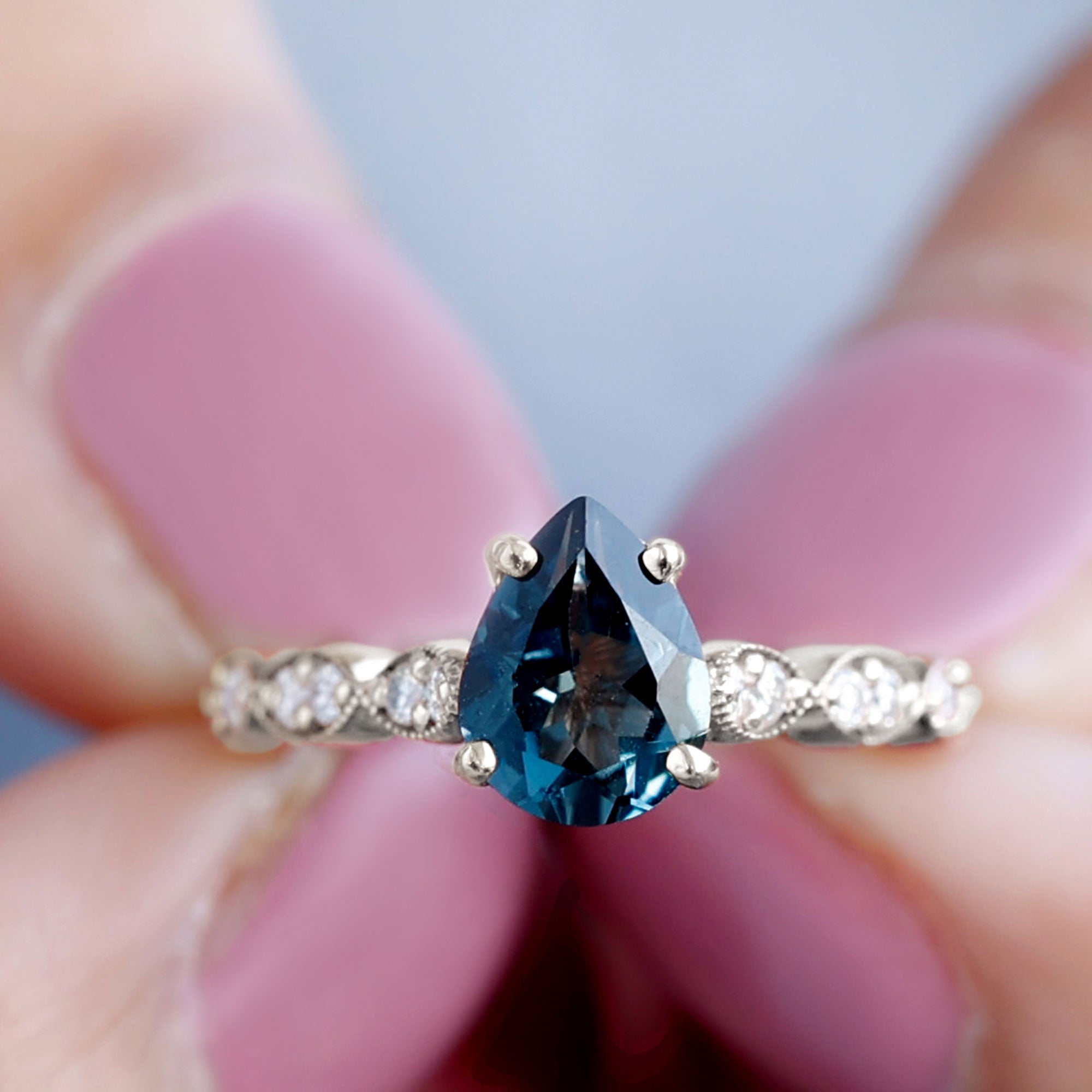 1 Carat Pear Shaped London Blue Topaz Teardrop Engagement Ring with Diamond
