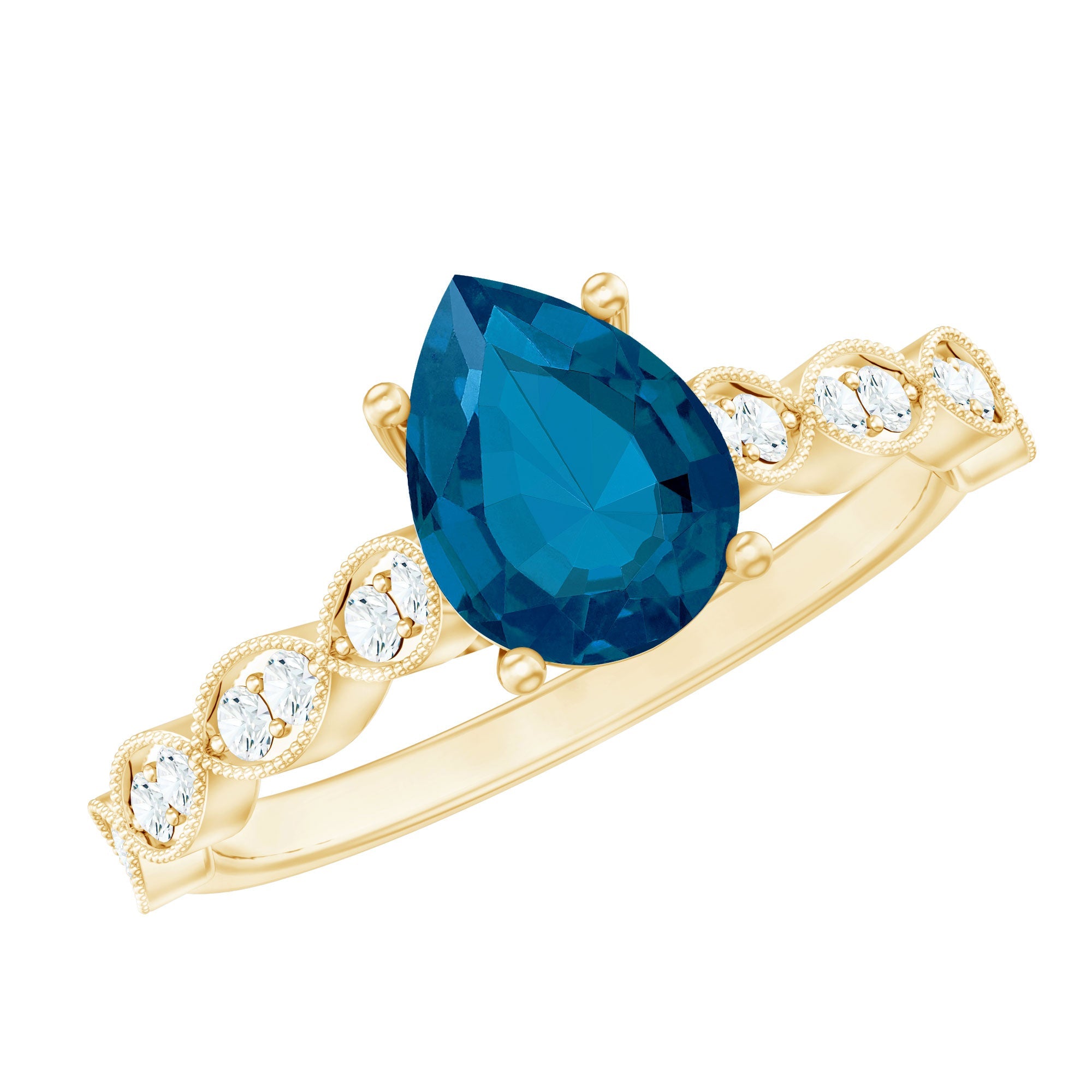 1 Carat Pear Shaped London Blue Topaz Teardrop Engagement Ring with Diamond