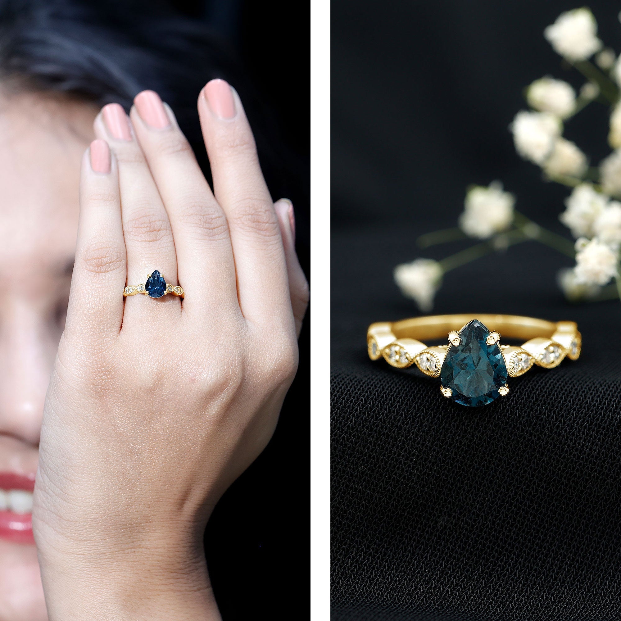 1 Carat Pear Shaped London Blue Topaz Teardrop Engagement Ring with Diamond