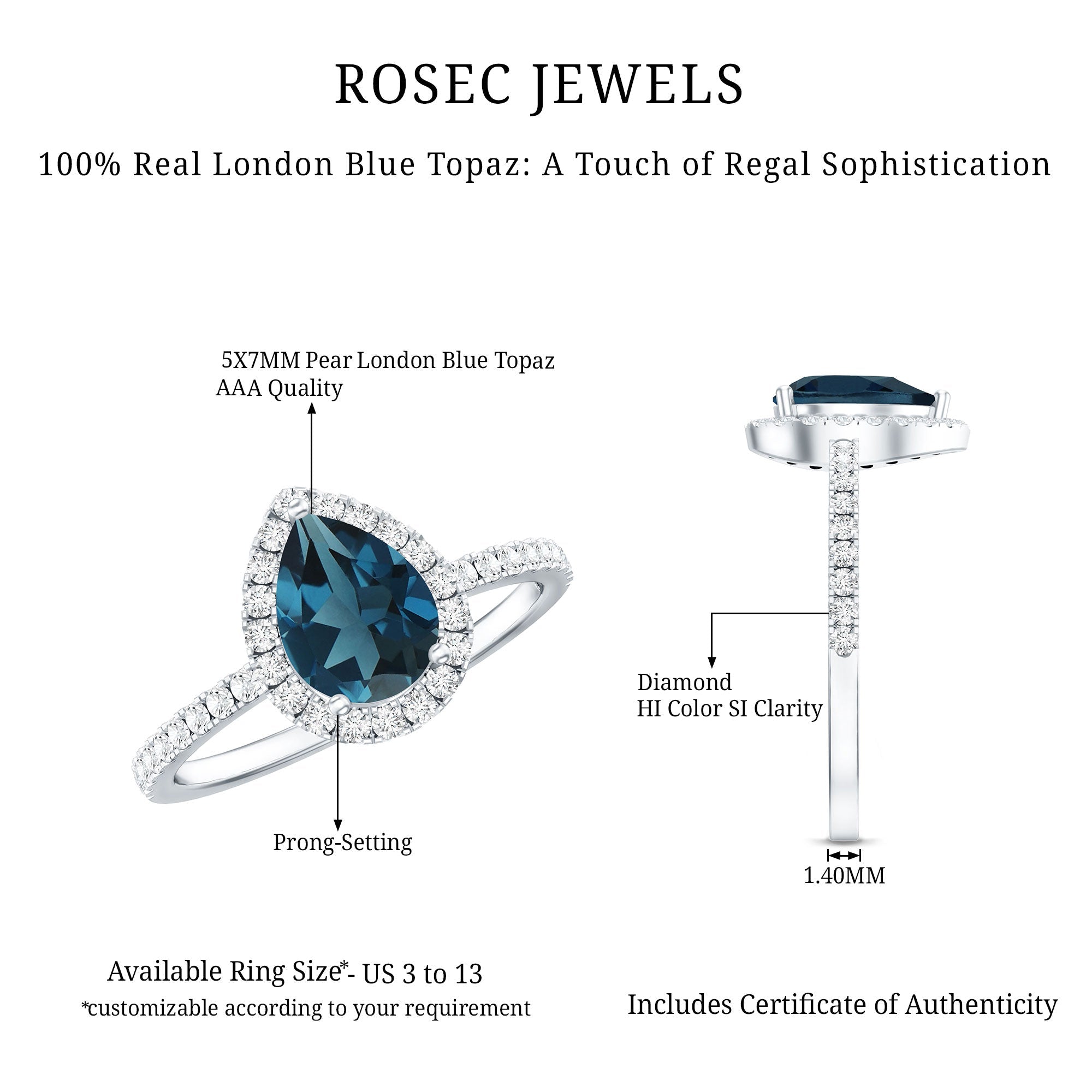 0.7 Carat Pear Shape London Blue Topaz Teardrop Engagement Ring with Diamond Halo