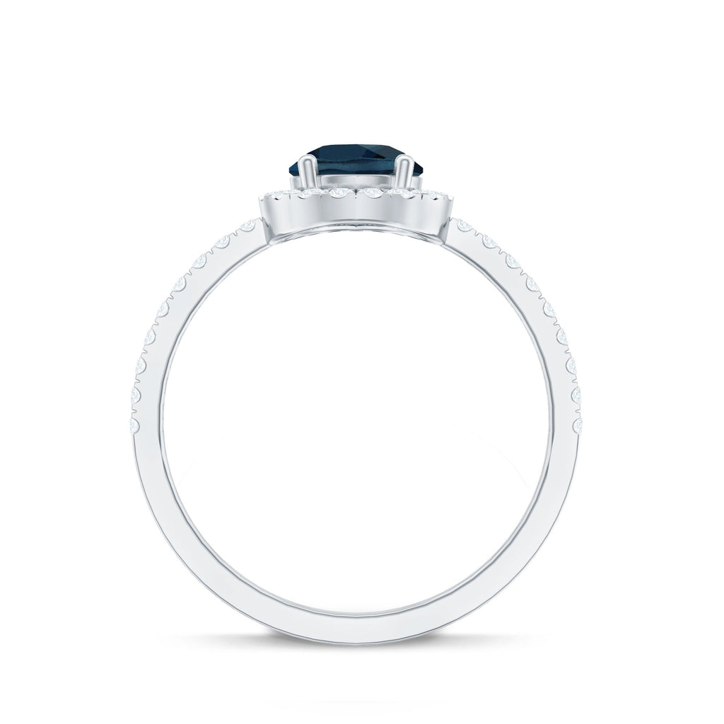 0.7 Carat Pear Shape London Blue Topaz Teardrop Engagement Ring with Diamond Halo