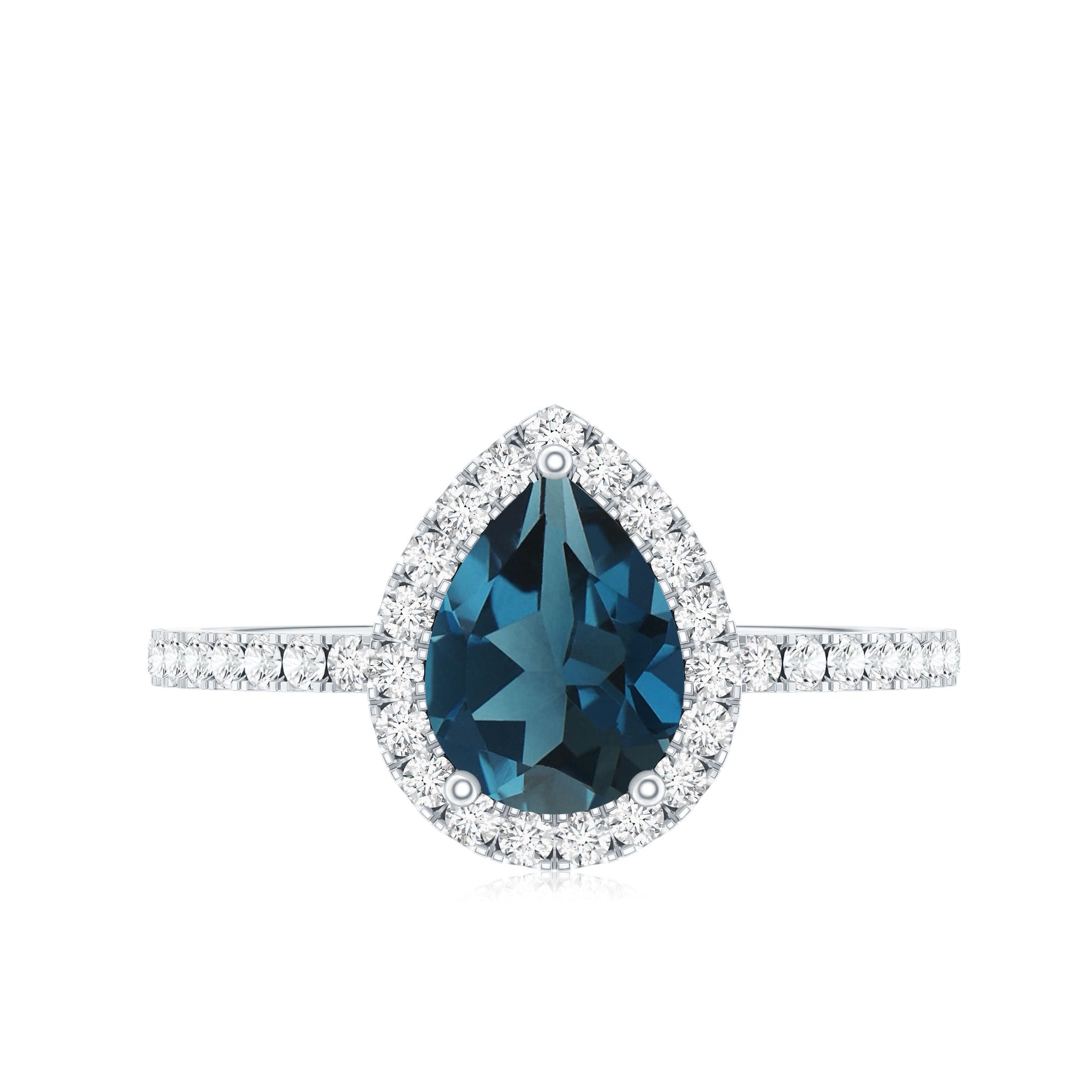 0.7 Carat Pear Shape London Blue Topaz Teardrop Engagement Ring with Diamond Halo