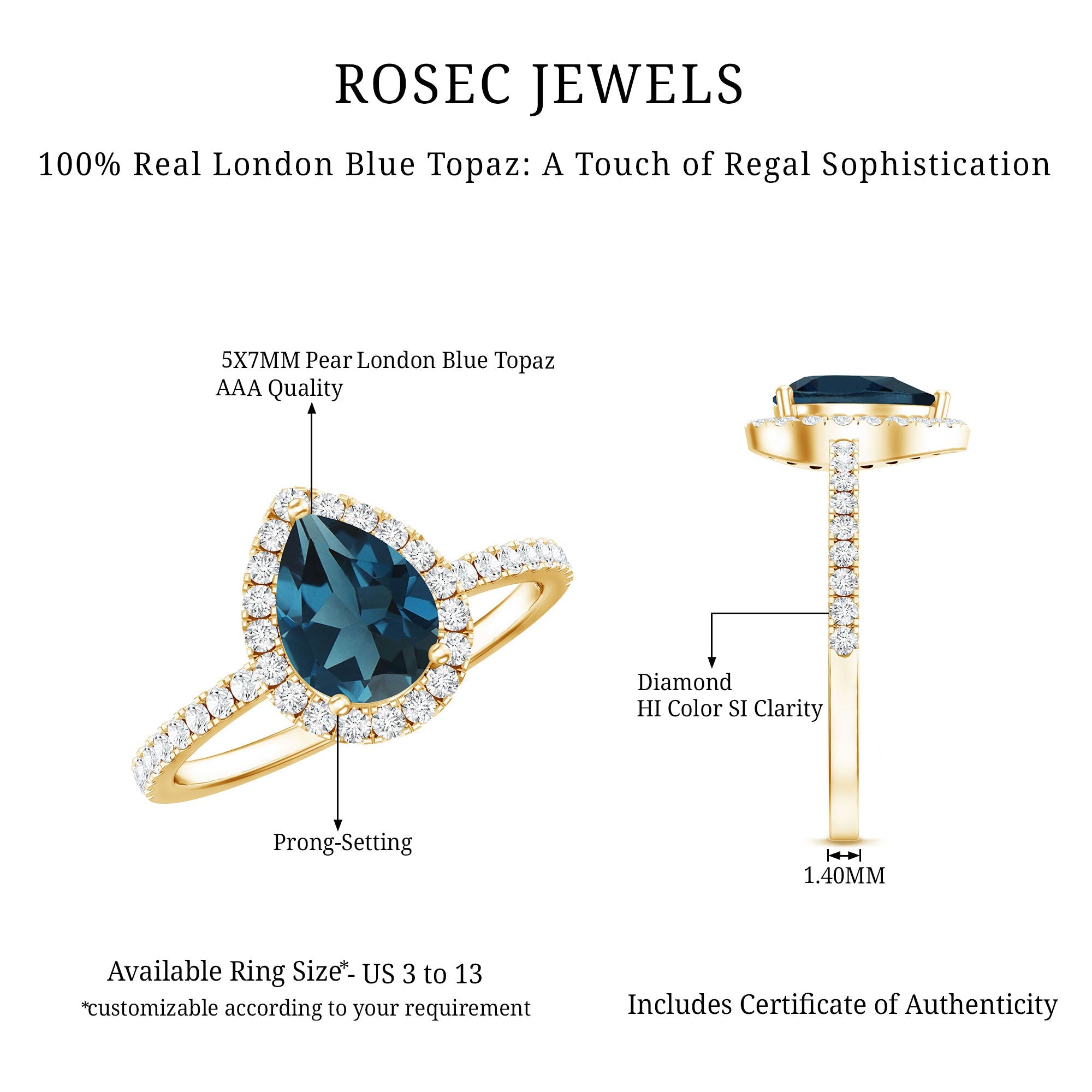 0.7 Carat Pear Shape London Blue Topaz Teardrop Engagement Ring with Diamond Halo