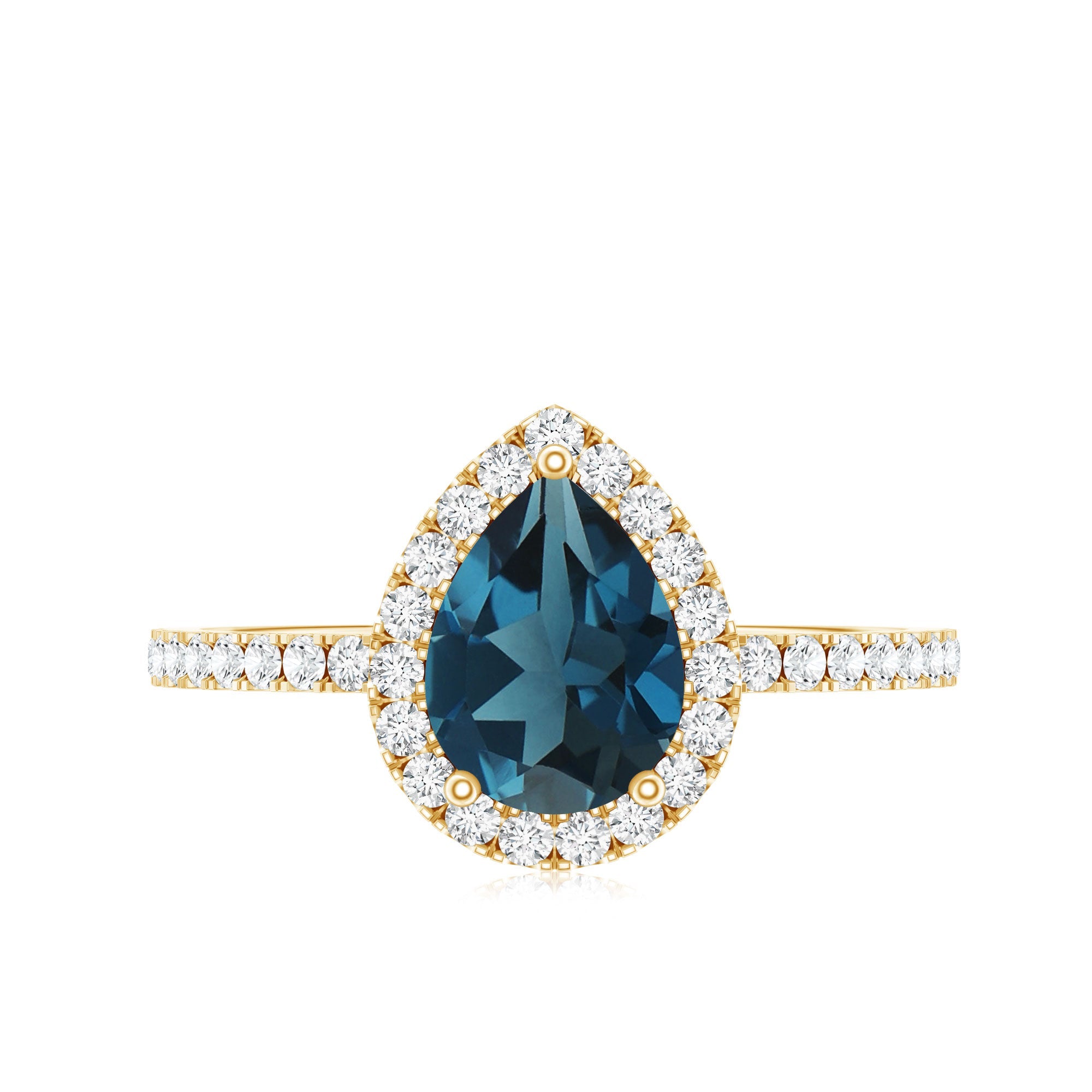 0.7 Carat Pear Shape London Blue Topaz Teardrop Engagement Ring with Diamond Halo
