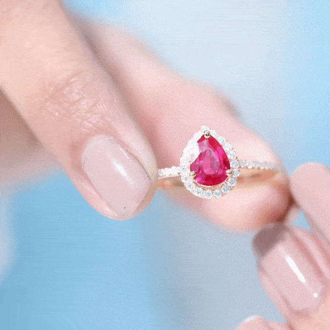 Lab Created Ruby Ring – Pear Shape Ruby Diamond Halo Engagement Band with 3 Prong Setting
