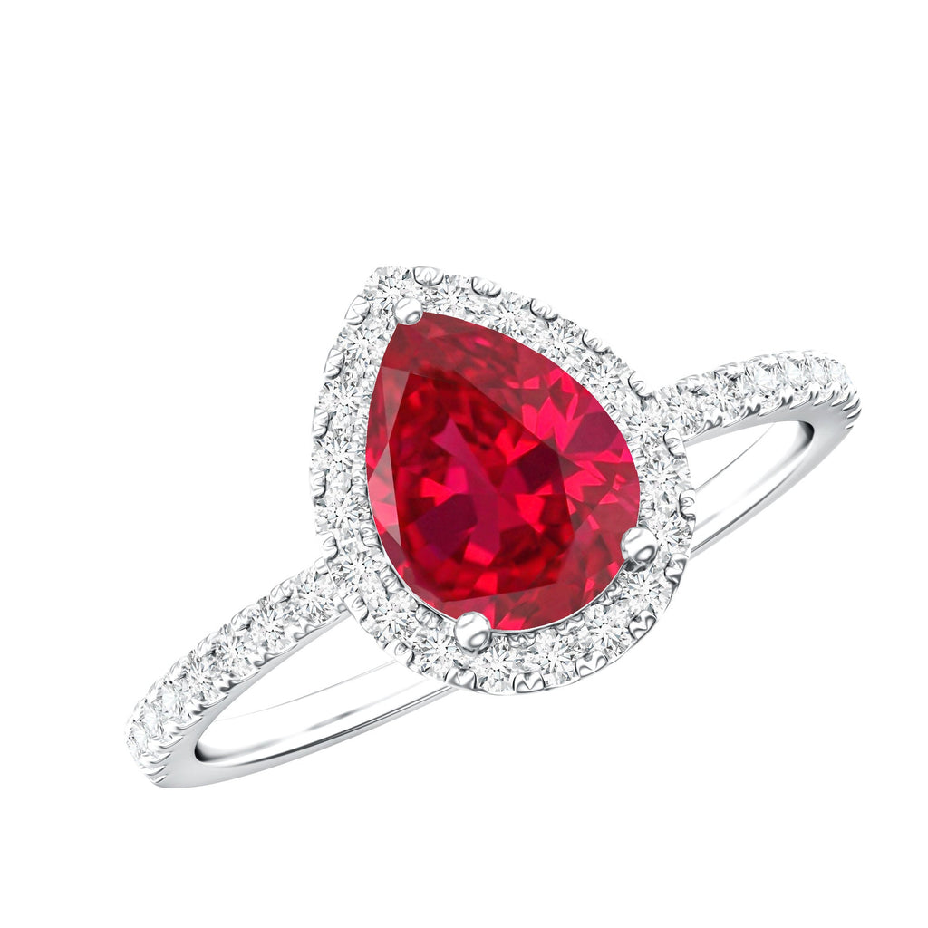 Lab Created Ruby Ring – Pear Shape Ruby Diamond Halo Engagement Band with 3 Prong Setting
