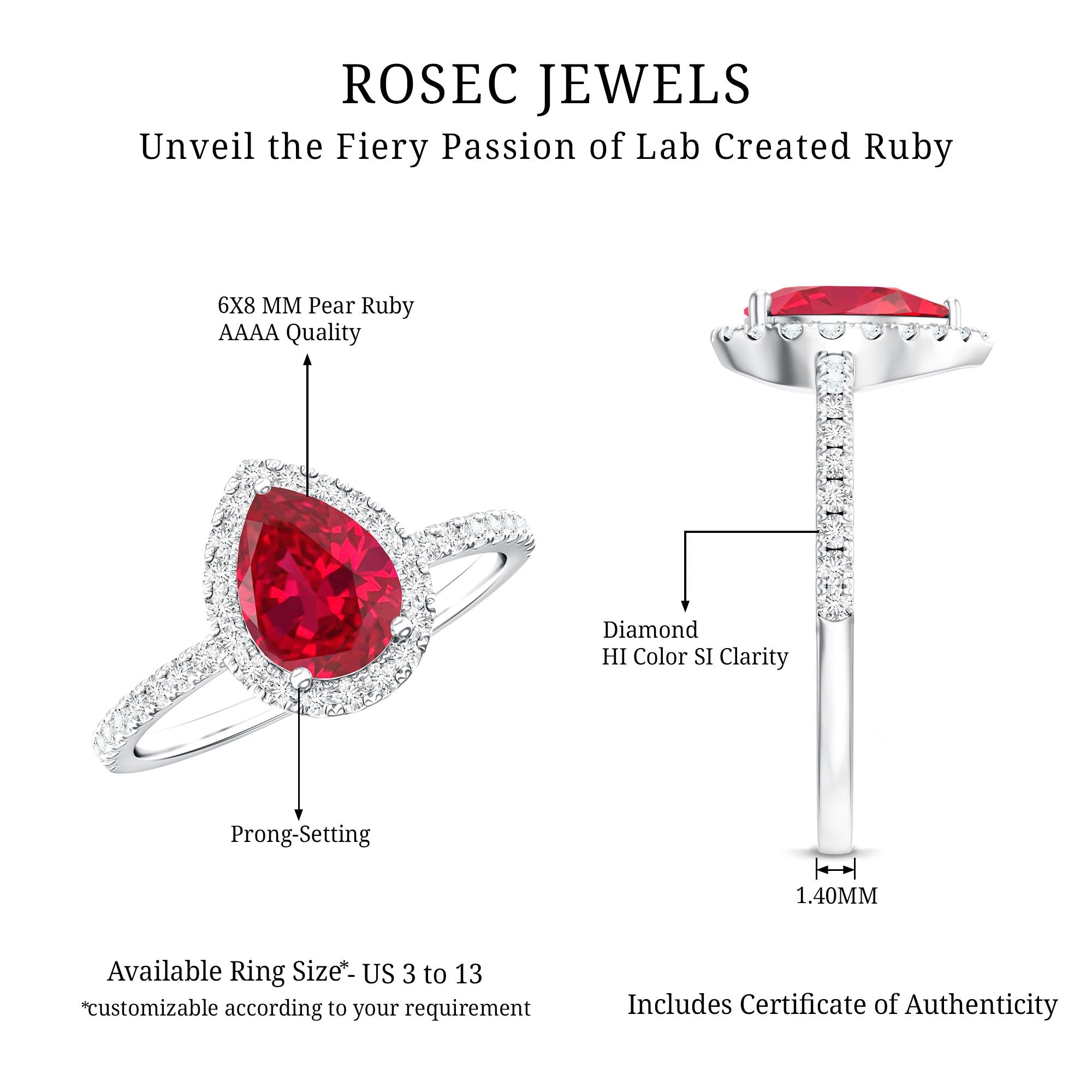 Lab Created Ruby Ring – Pear Shape Ruby Diamond Halo Engagement Band with 3 Prong Setting