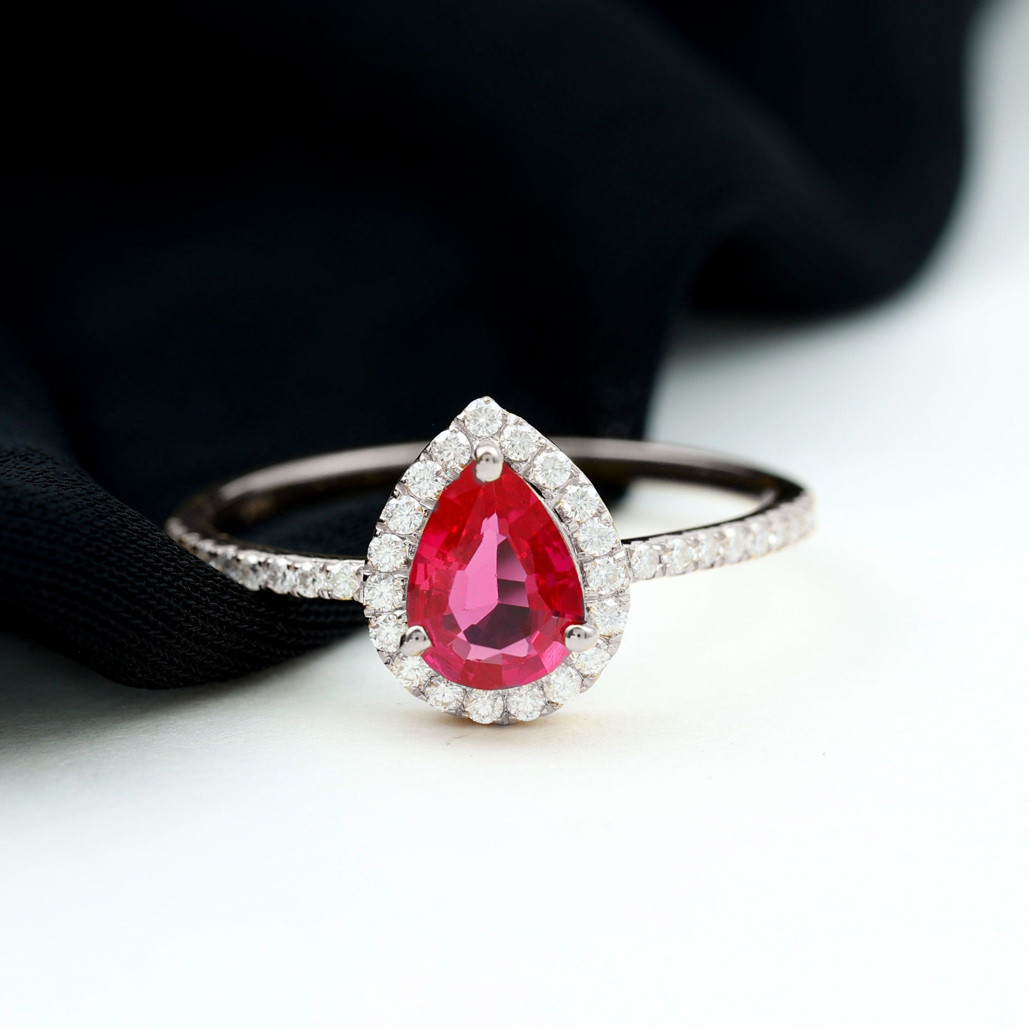 Lab Created Ruby Ring – Pear Shape Ruby Diamond Halo Engagement Band with 3 Prong Setting