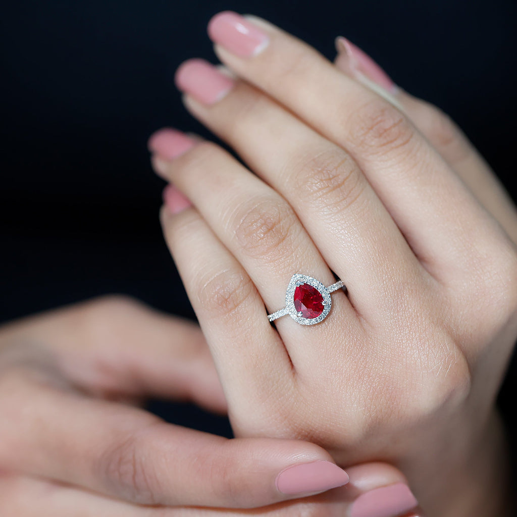 Lab Created Ruby Ring – Pear Shape Ruby Diamond Halo Engagement Band with 3 Prong Setting