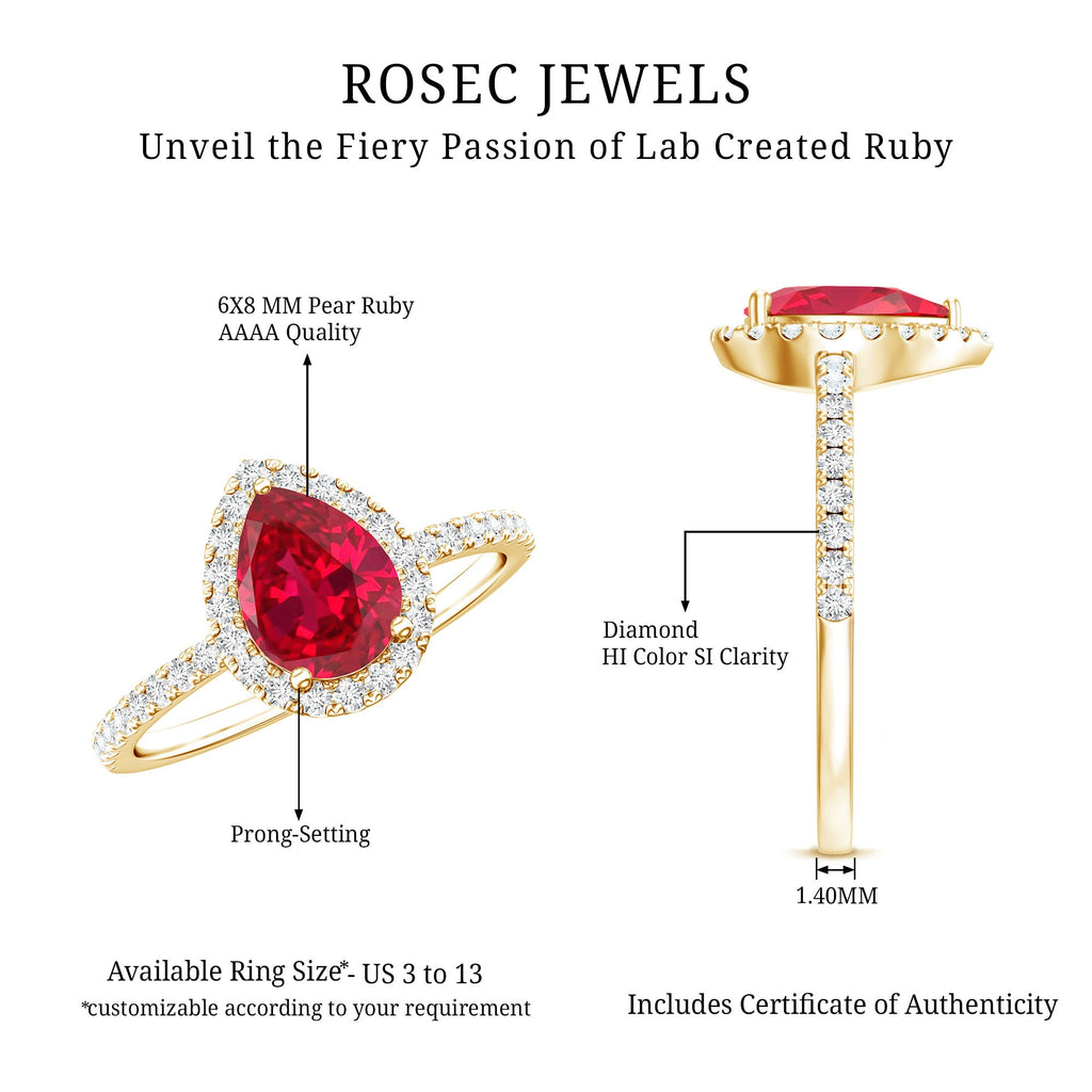 Lab Created Ruby Ring – Pear Shape Ruby Diamond Halo Engagement Band with 3 Prong Setting