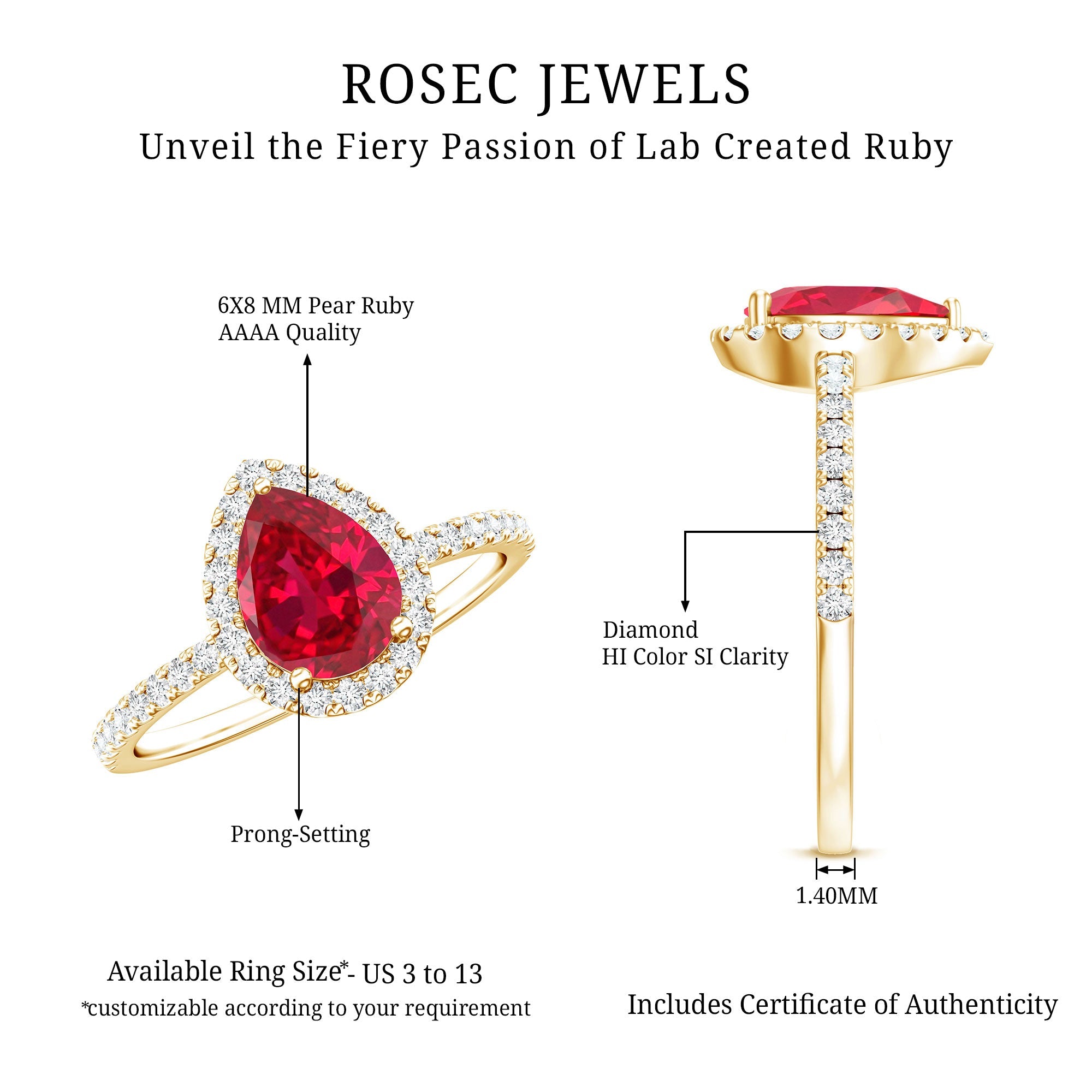 Lab Created Ruby Ring – Pear Shape Ruby Diamond Halo Engagement Band with 3 Prong Setting