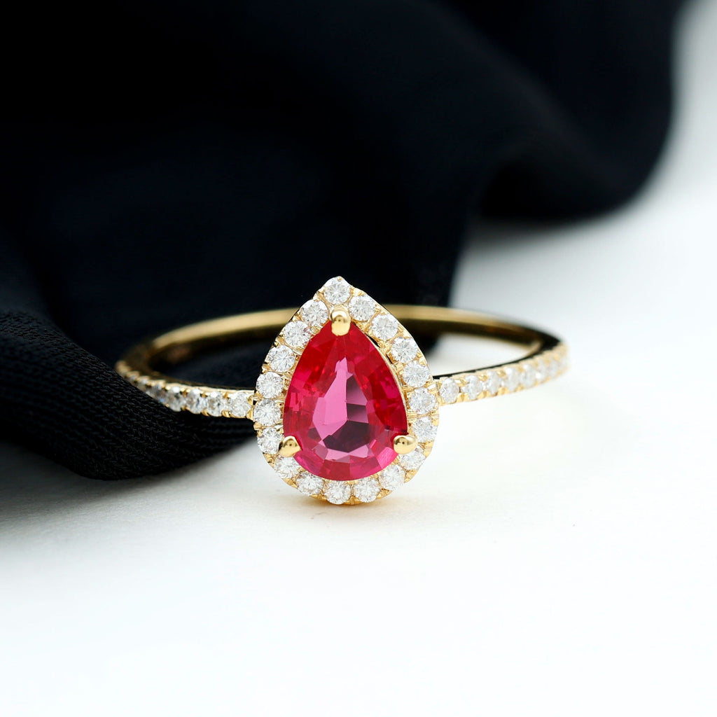 Lab Created Ruby Ring – Pear Shape Ruby Diamond Halo Engagement Band with 3 Prong Setting