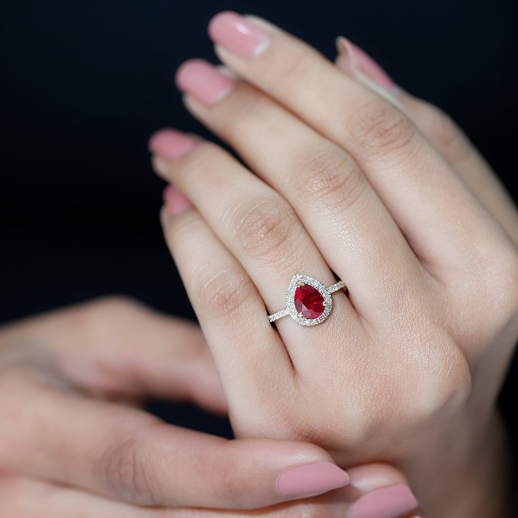 Lab Created Ruby Ring – Pear Shape Ruby Diamond Halo Engagement Band with 3 Prong Setting