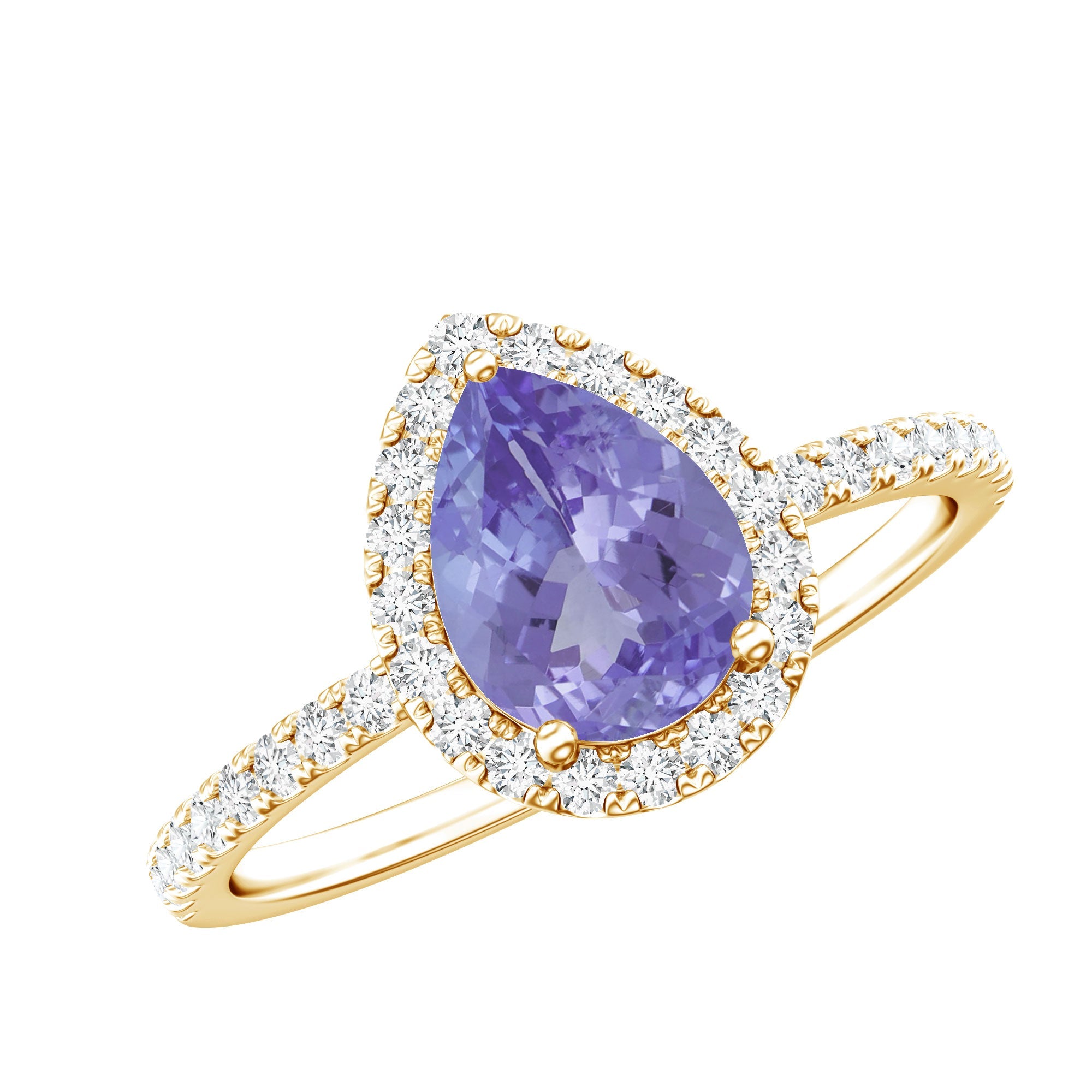 Tanzanite Engagement Ring – Classic Pear Shaped Ring with Diamond Halo Band