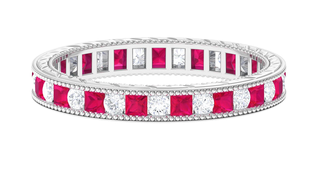 Princess Cut Ruby Ring – Natural Ruby Eternity Band With Sparkling Moissanite Stones