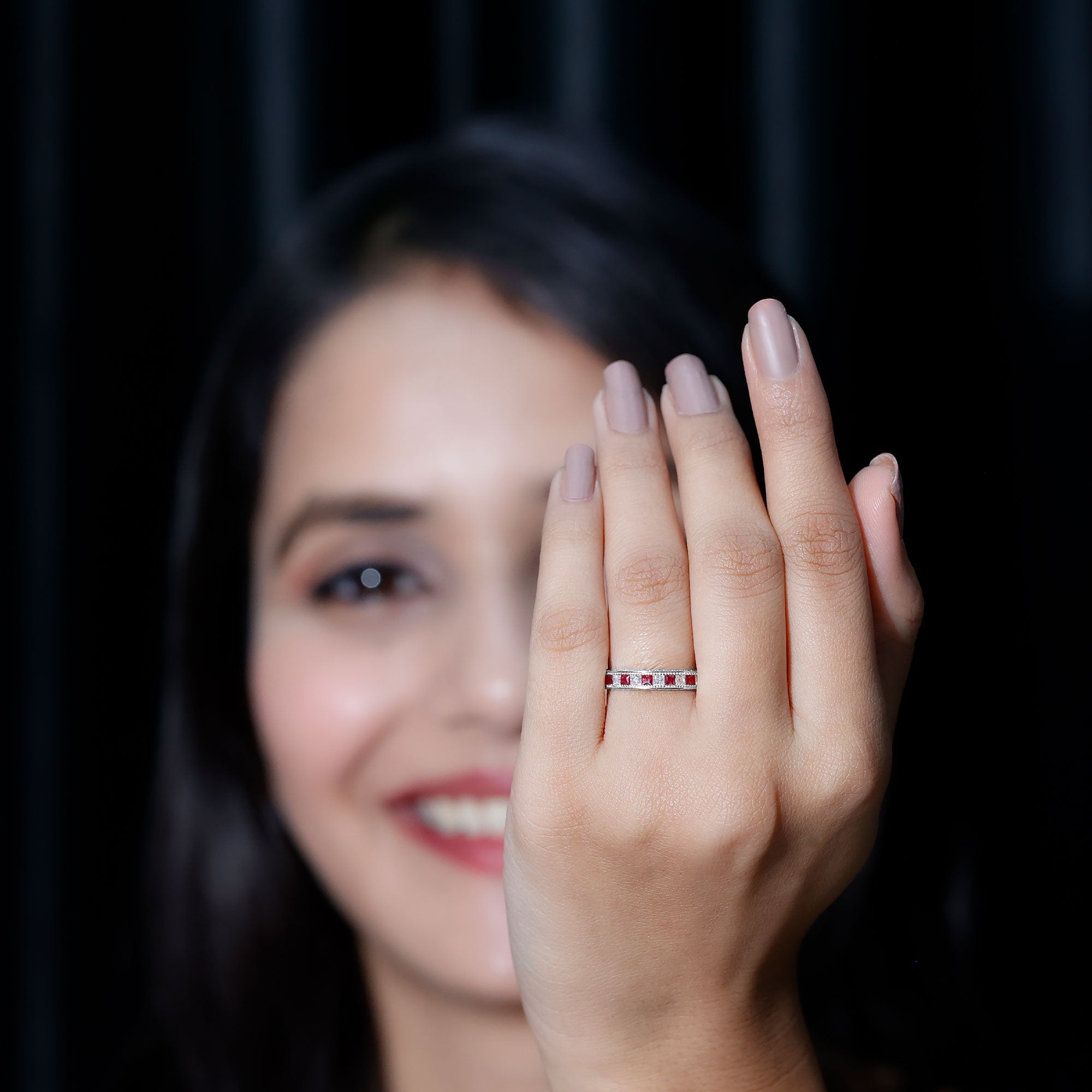 Princess Cut Ruby Ring – Natural Ruby Eternity Band With Sparkling Moissanite Stones