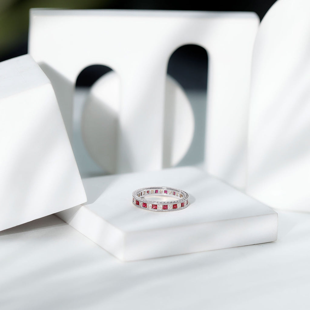 Princess Cut Ruby Ring – Natural Ruby Eternity Band With Sparkling Moissanite Stones