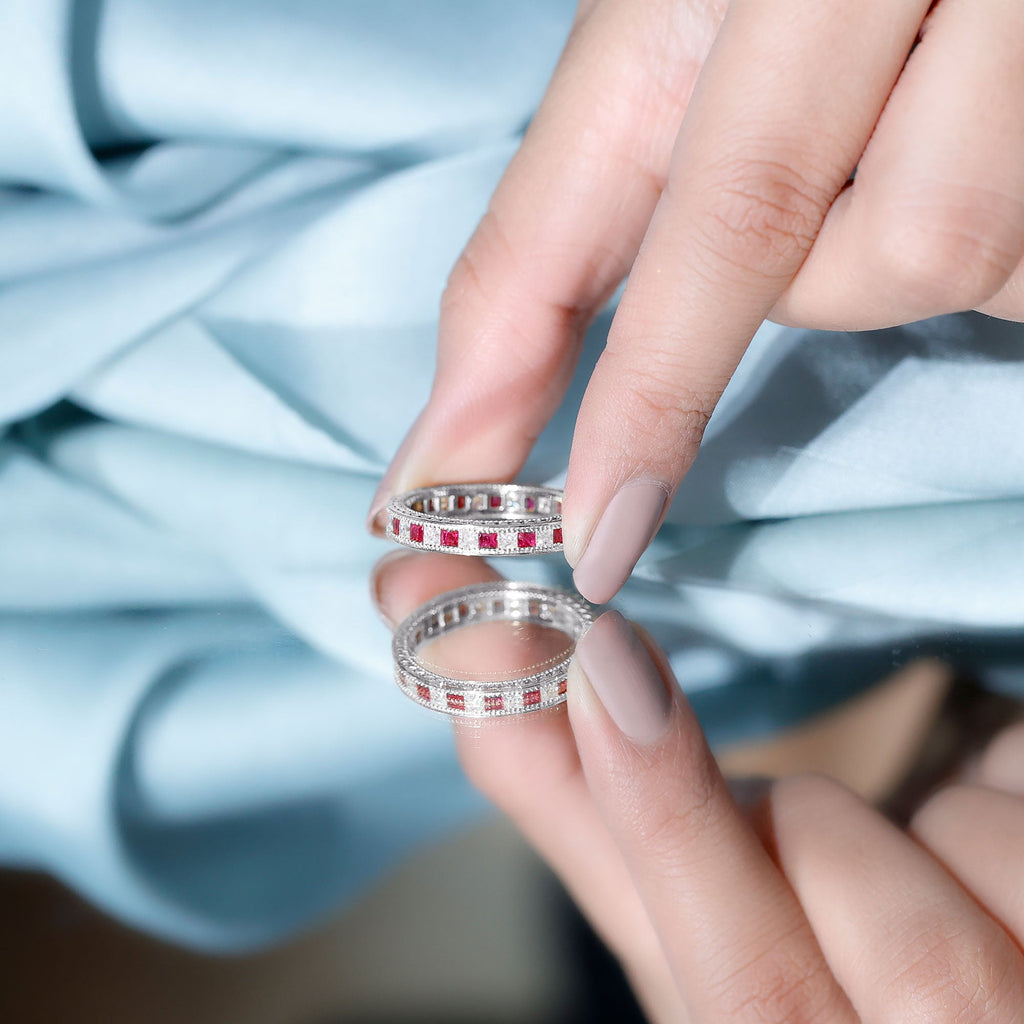 Princess Cut Ruby Ring – Natural Ruby Eternity Band With Sparkling Moissanite Stones