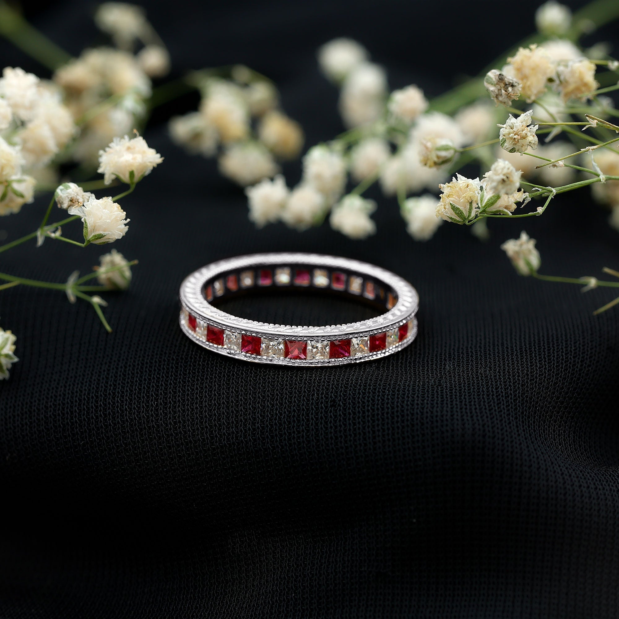 Princess Cut Ruby Ring – Natural Ruby Eternity Band With Sparkling Moissanite Stones