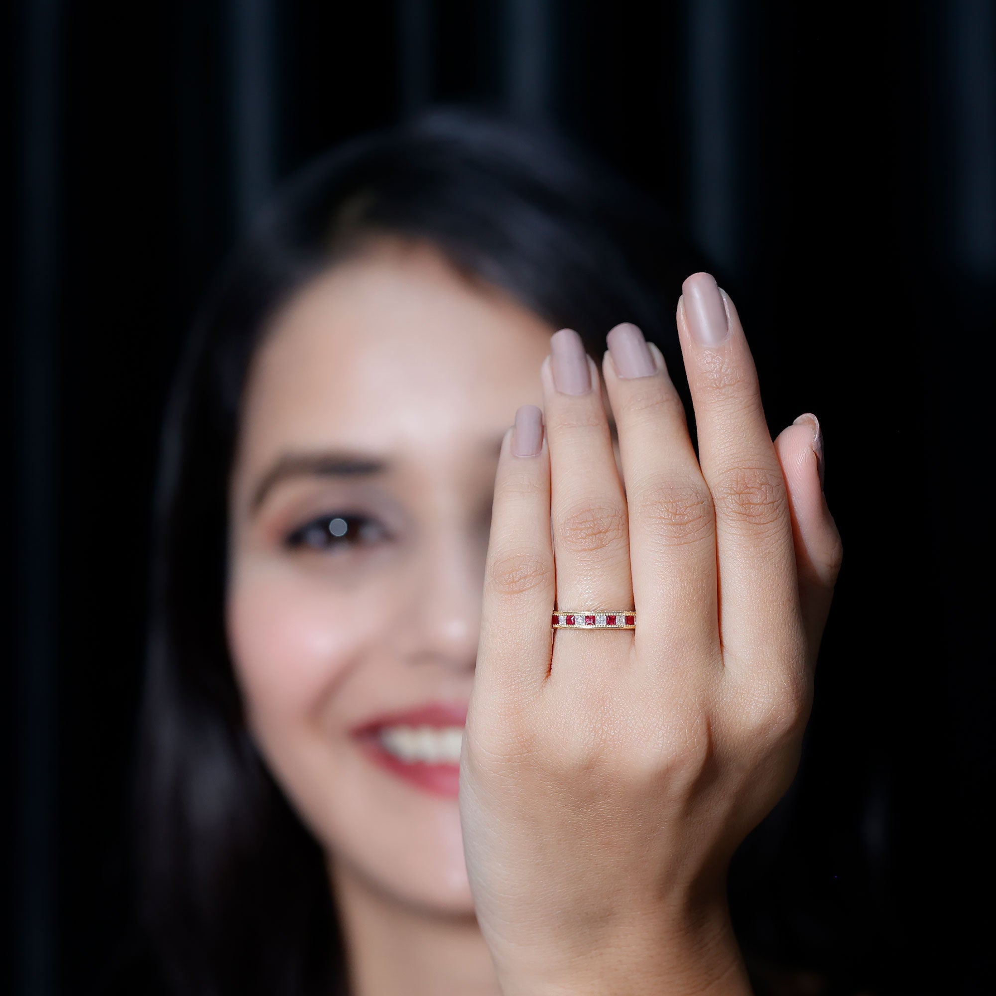 Princess Cut Ruby Ring – Natural Ruby Eternity Band With Sparkling Moissanite Stones