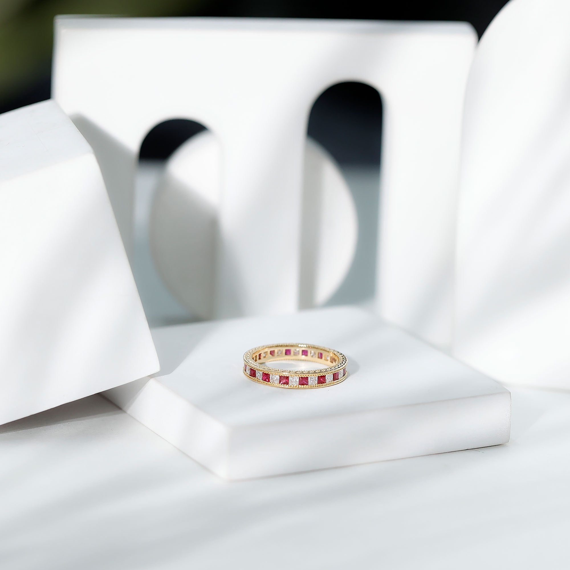 Princess Cut Ruby Ring – Natural Ruby Eternity Band With Sparkling Moissanite Stones