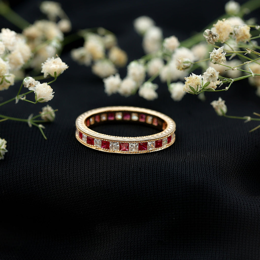 Princess Cut Ruby Ring – Natural Ruby Eternity Band With Sparkling Moissanite Stones