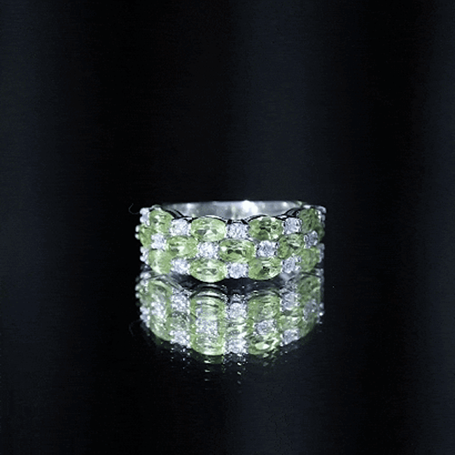 Peridot Wedding Band – Natural 3 Row Wedding Band with Oval Peridot Stones & Lab Grown Diamonds