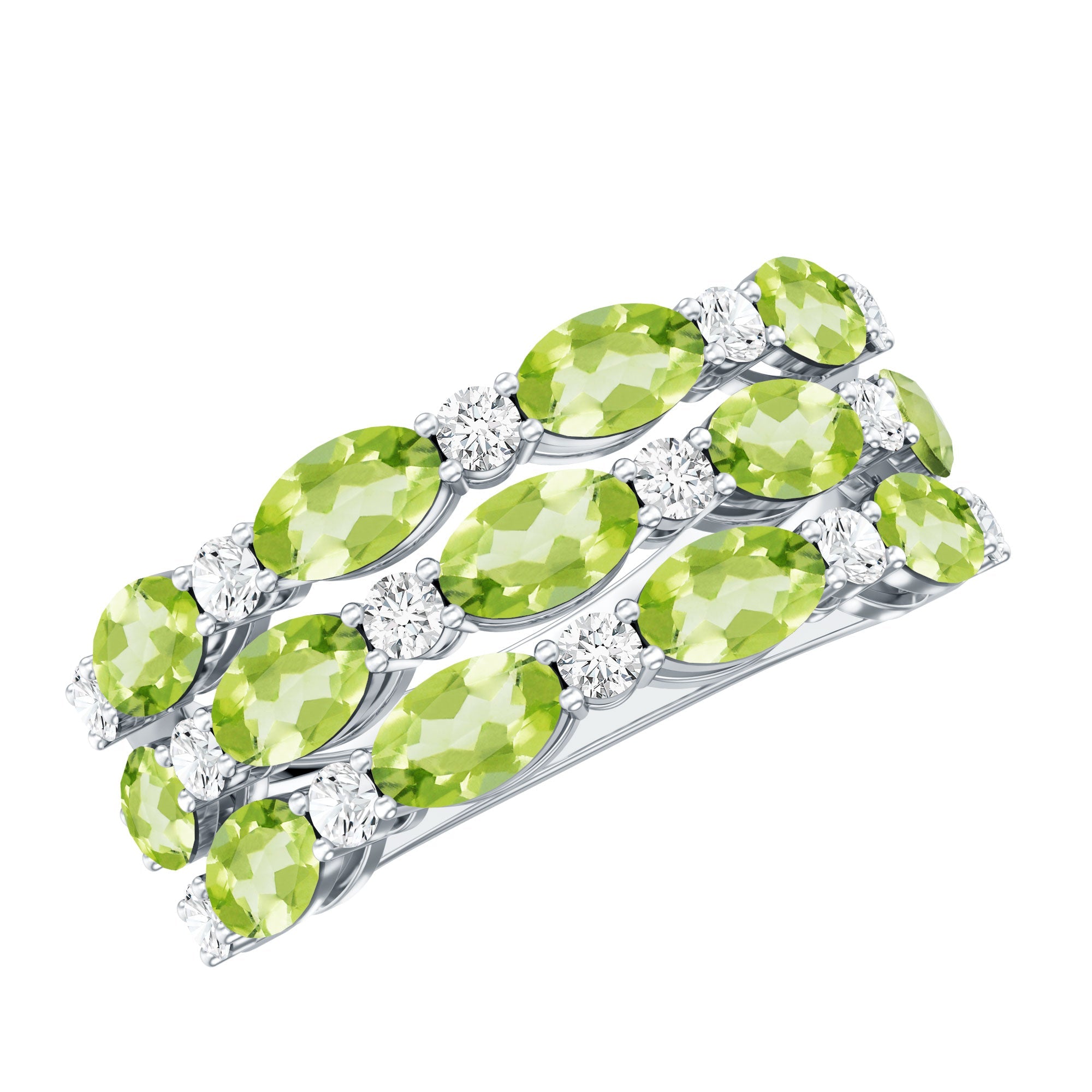 Peridot Wedding Band – Natural 3 Row Wedding Band with Oval Peridot Stones & Lab Grown Diamonds
