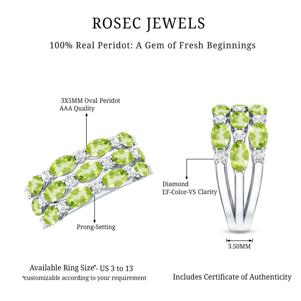 Peridot Wedding Band – Natural 3 Row Wedding Band with Oval Peridot Stones & Lab Grown Diamonds
