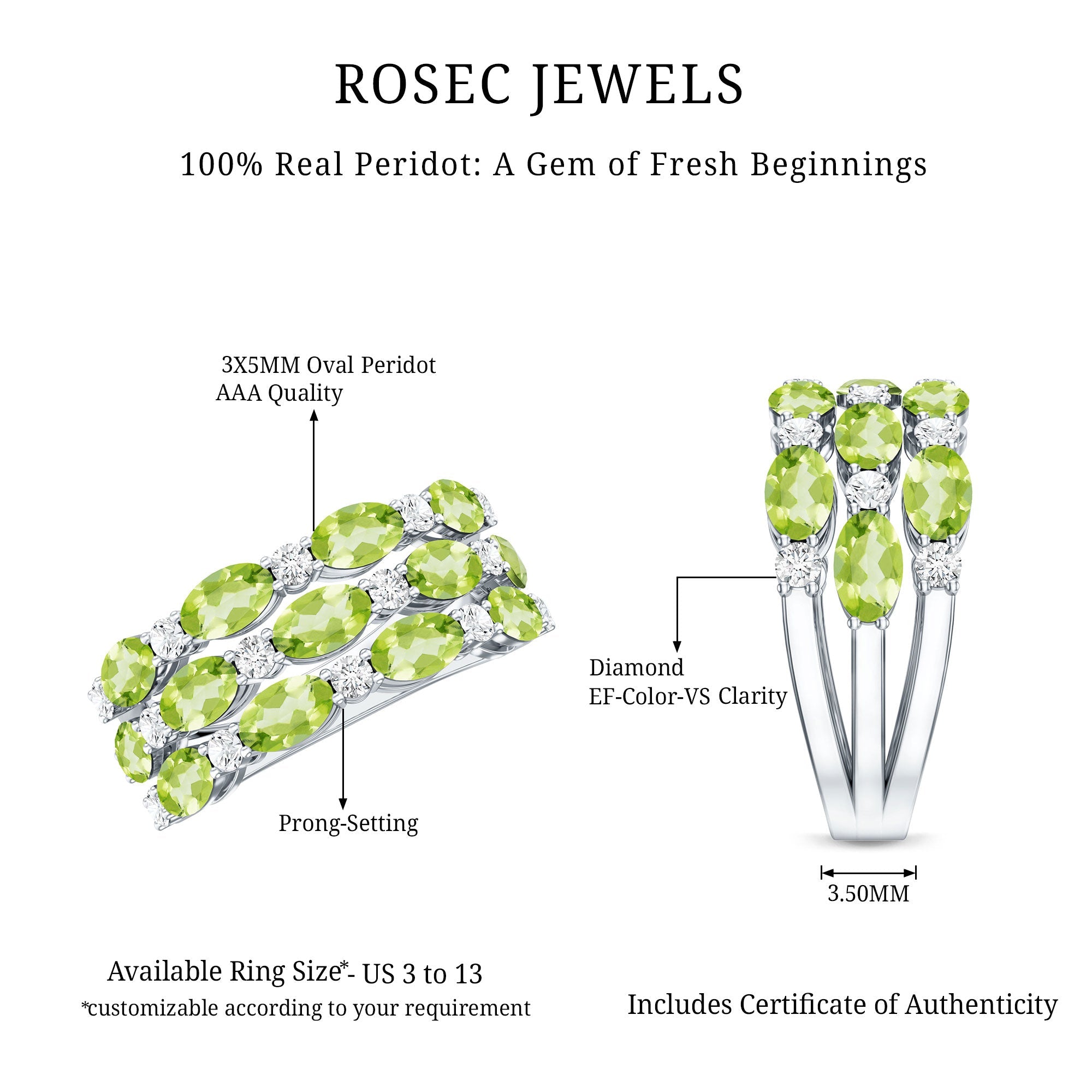 Peridot Wedding Band – Natural 3 Row Wedding Band with Oval Peridot Stones & Lab Grown Diamonds