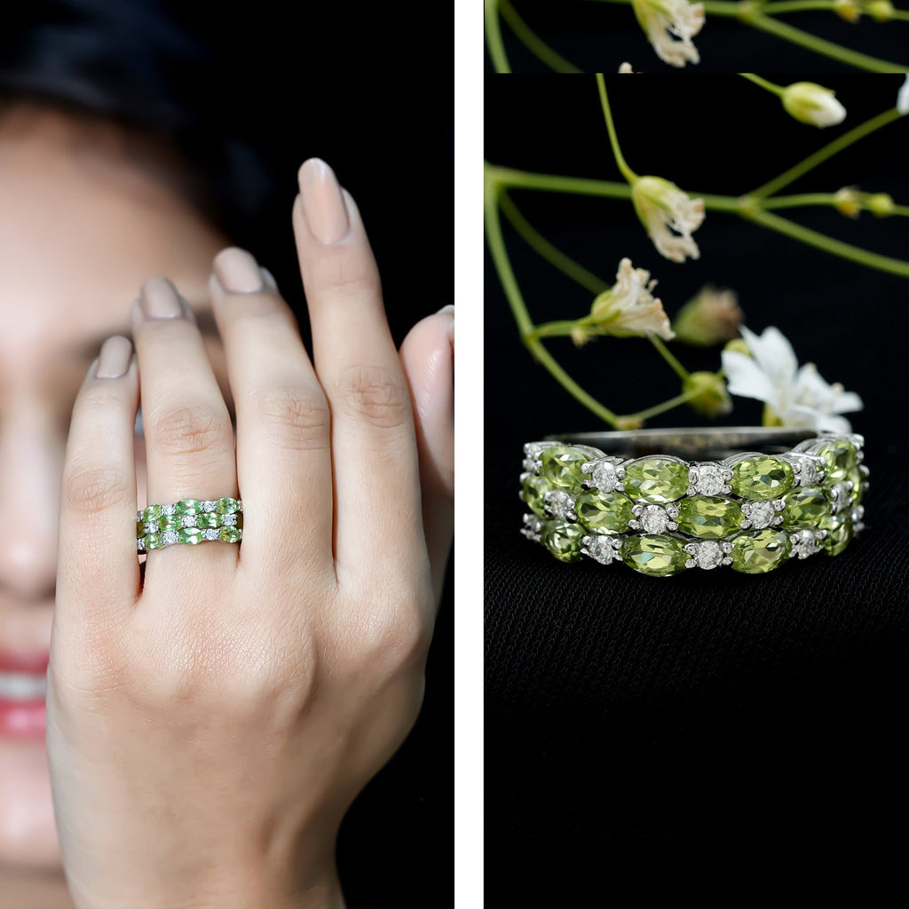 Peridot Wedding Band – Natural 3 Row Wedding Band with Oval Peridot Stones & Lab Grown Diamonds