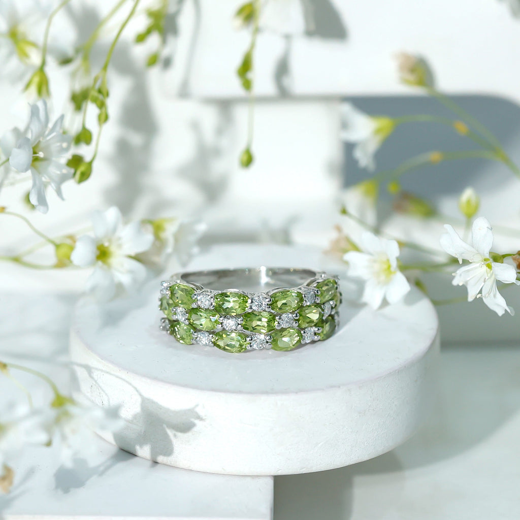 Peridot Wedding Band – Natural 3 Row Wedding Band with Oval Peridot Stones & Lab Grown Diamonds