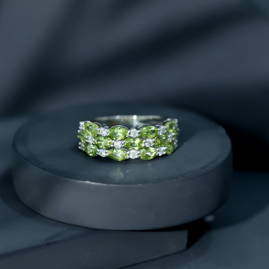 Peridot Wedding Band – Natural 3 Row Wedding Band with Oval Peridot Stones & Lab Grown Diamonds
