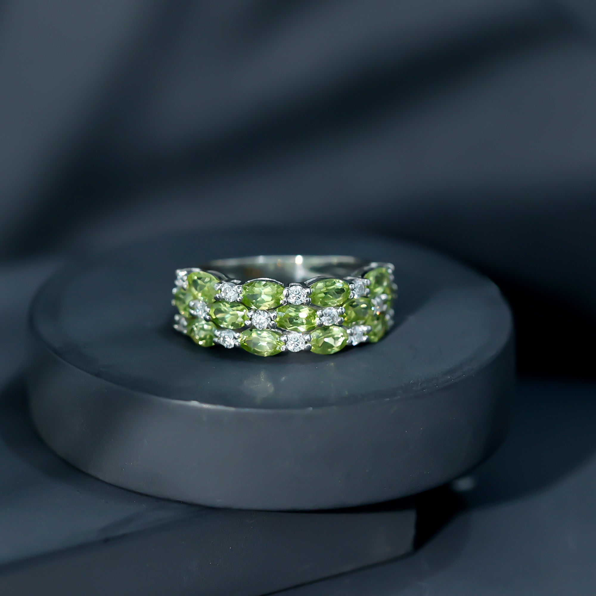 Peridot Wedding Band – Natural 3 Row Wedding Band with Oval Peridot Stones & Lab Grown Diamonds