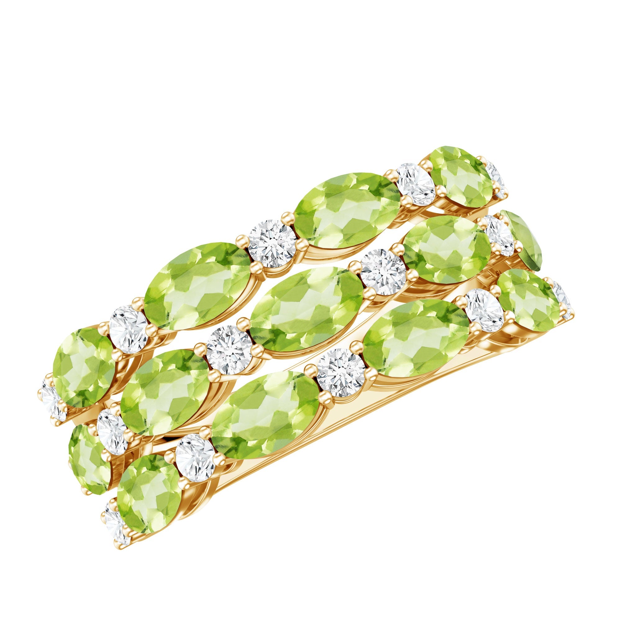 Peridot Wedding Band – Natural 3 Row Wedding Band with Oval Peridot Stones & Lab Grown Diamonds