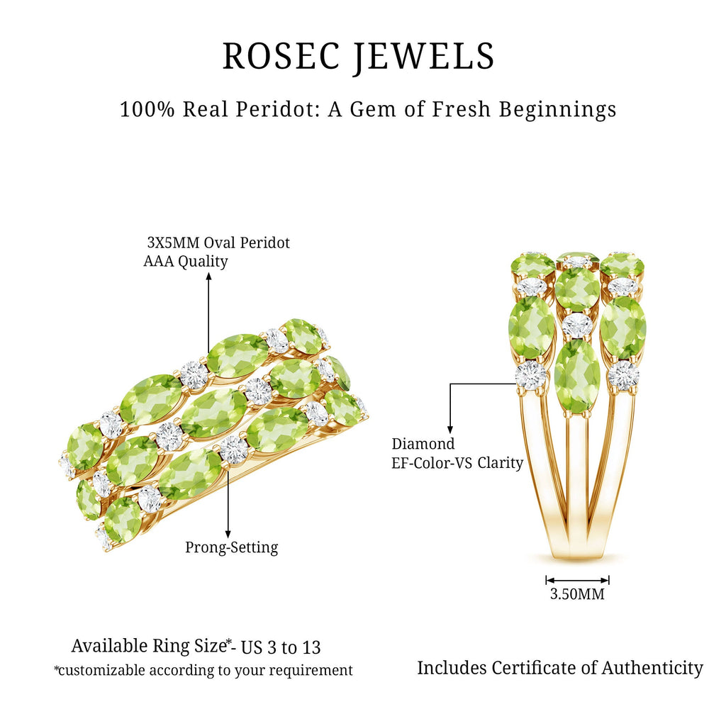 Peridot Wedding Band – Natural 3 Row Wedding Band with Oval Peridot Stones & Lab Grown Diamonds