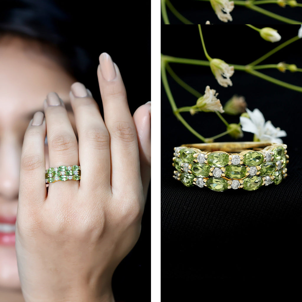 Peridot Wedding Band – Natural 3 Row Wedding Band with Oval Peridot Stones & Lab Grown Diamonds