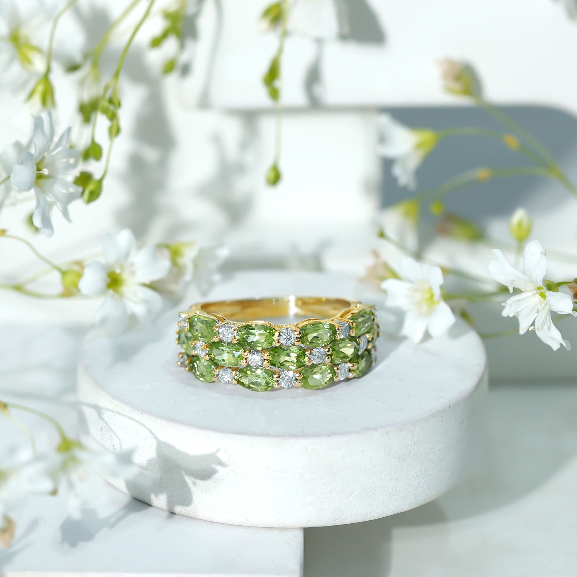 Peridot Wedding Band – Natural 3 Row Wedding Band with Oval Peridot Stones & Lab Grown Diamonds