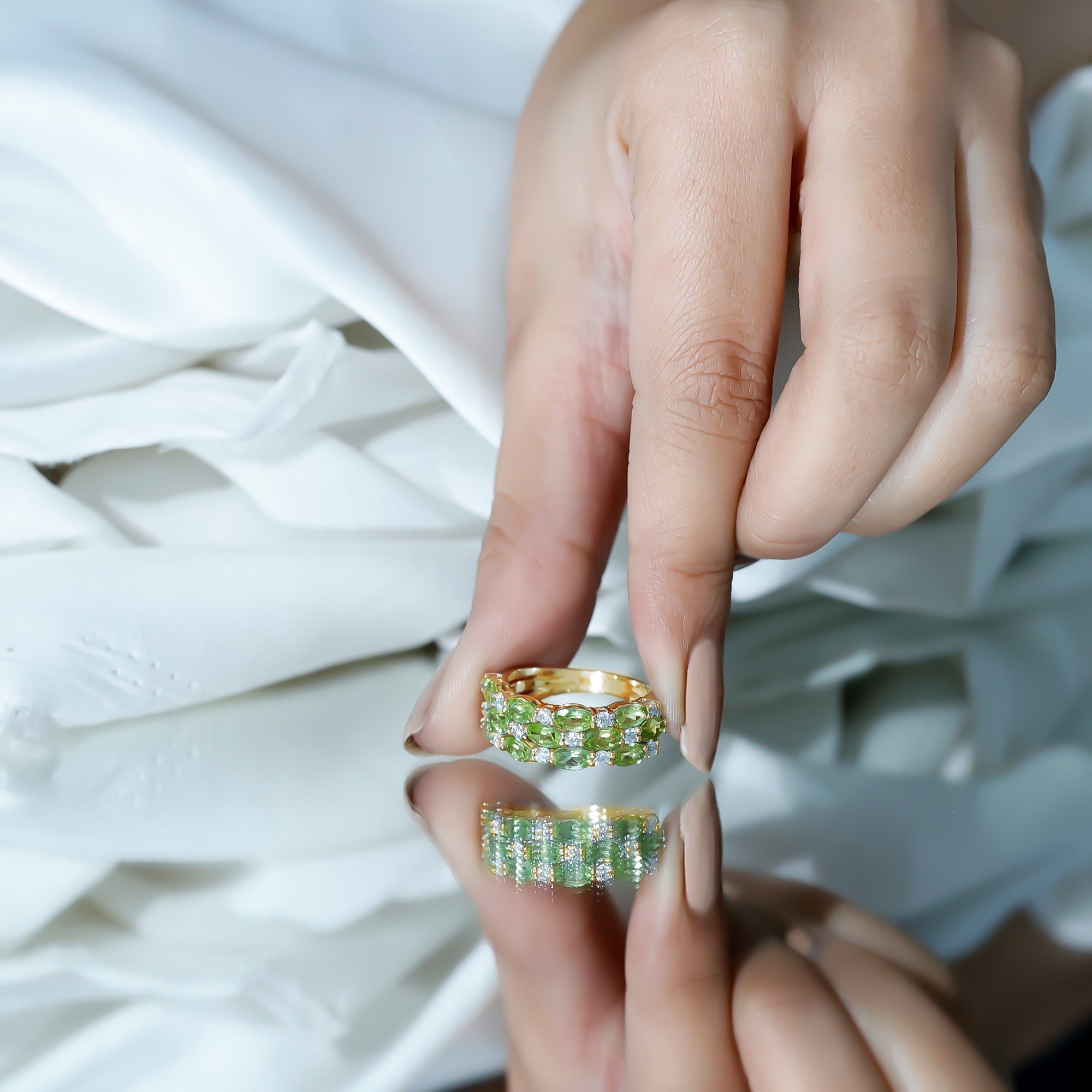 Peridot Wedding Band – Natural 3 Row Wedding Band with Oval Peridot Stones & Lab Grown Diamonds