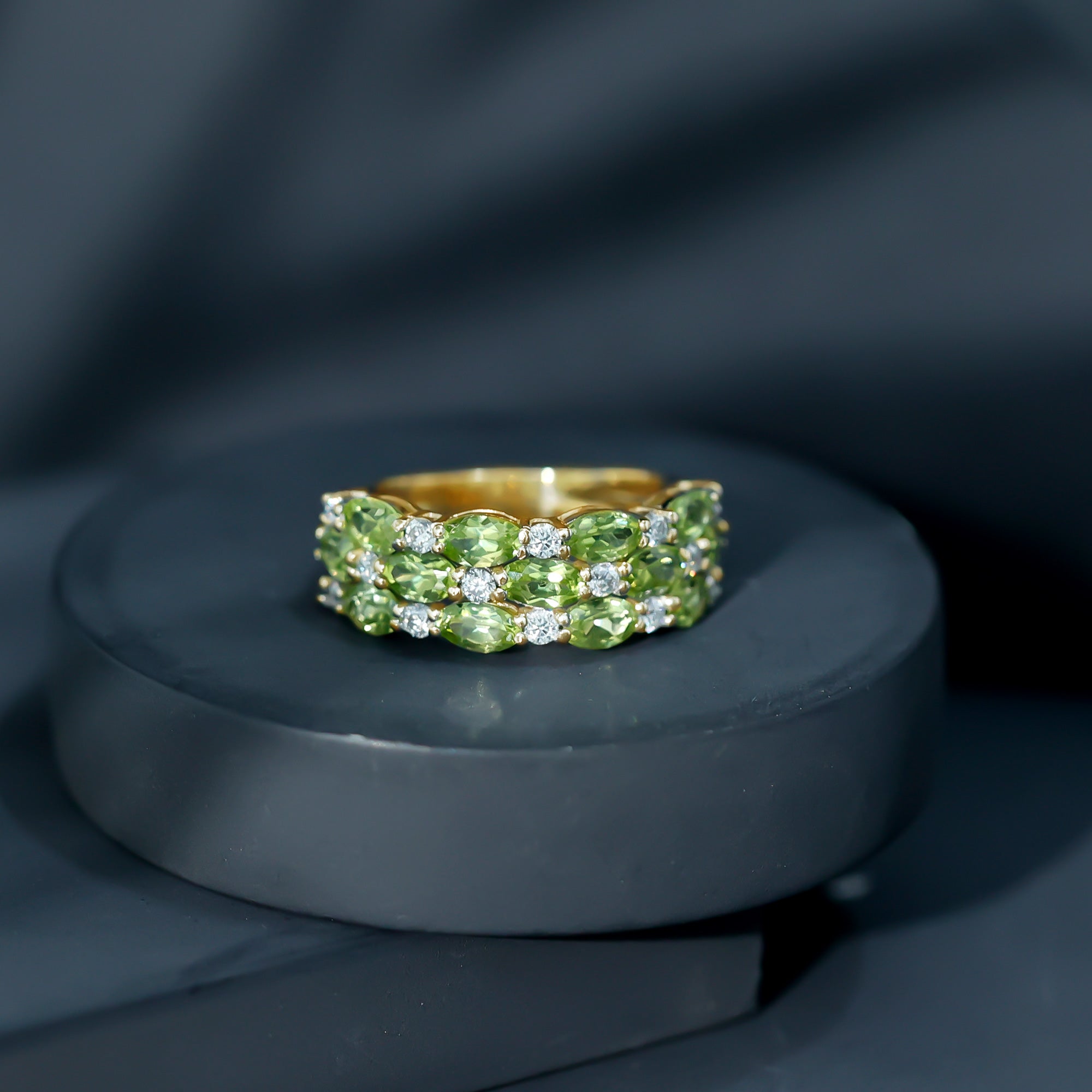 Peridot Wedding Band – Natural 3 Row Wedding Band with Oval Peridot Stones & Lab Grown Diamonds