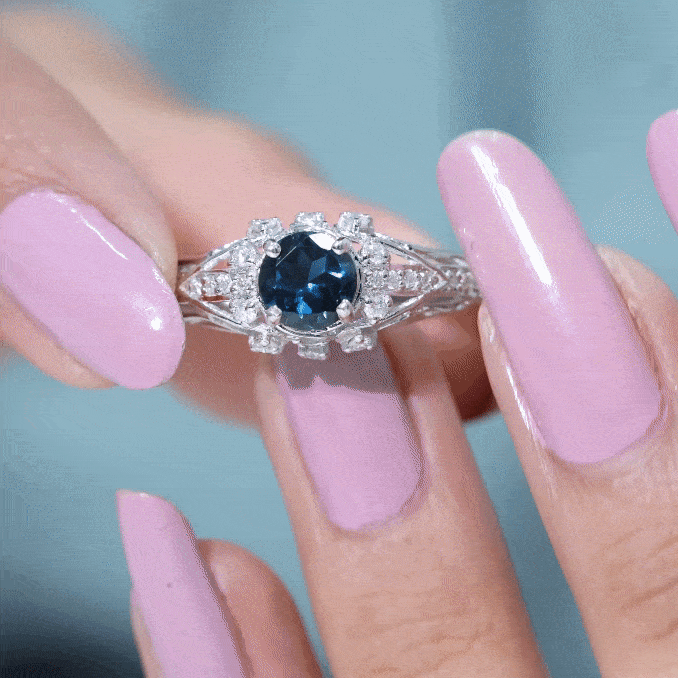 1.3 Carat Round London Blue Topaz Vintage Looking Engagement Ring with Diamond