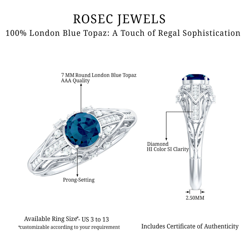 1.3 Carat Round London Blue Topaz Vintage Looking Engagement Ring with Diamond